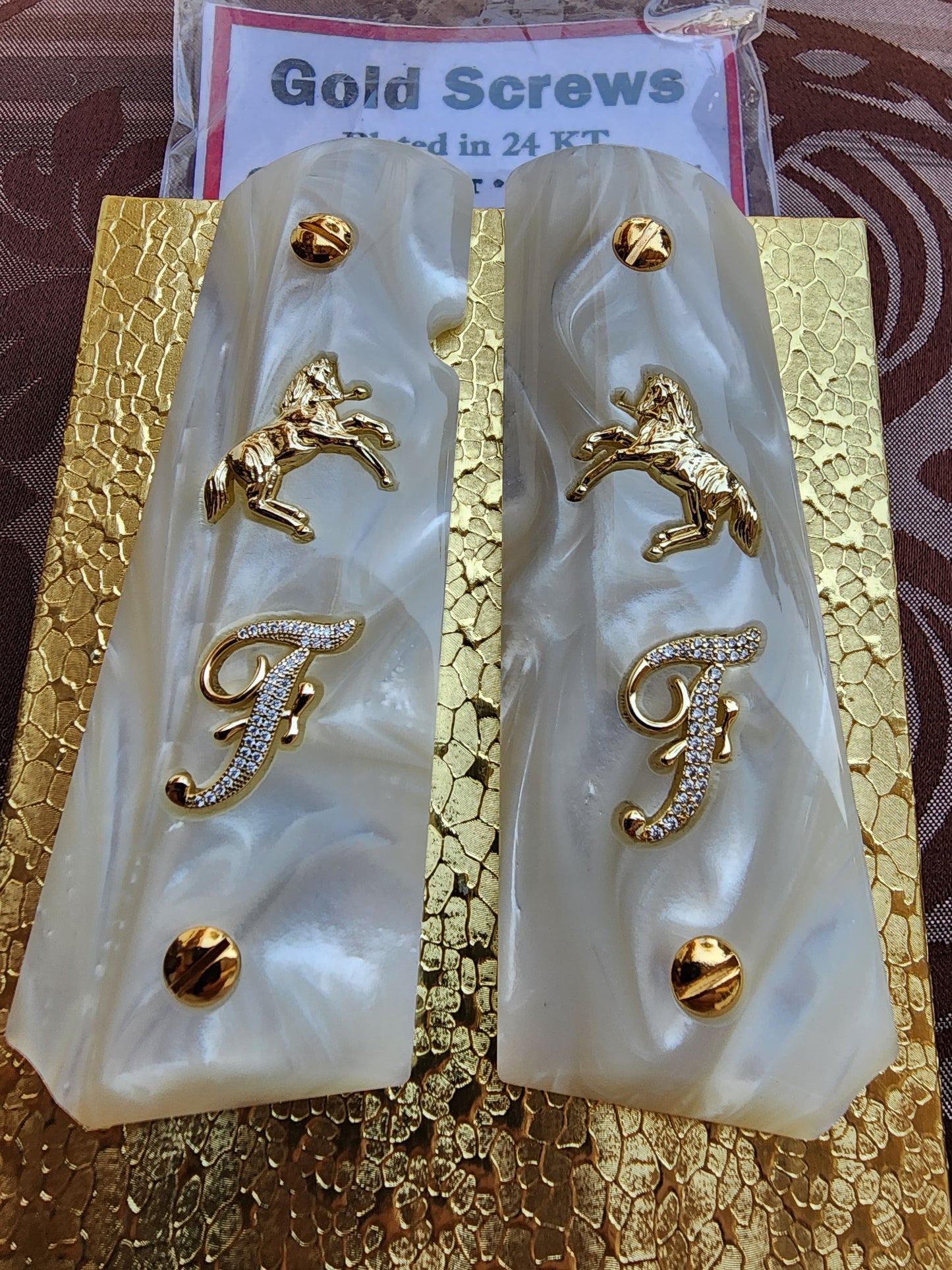 1911 White Pearl Grips Gold “F” Inlays with Horse Emblem & 24K Gold Plated Screws