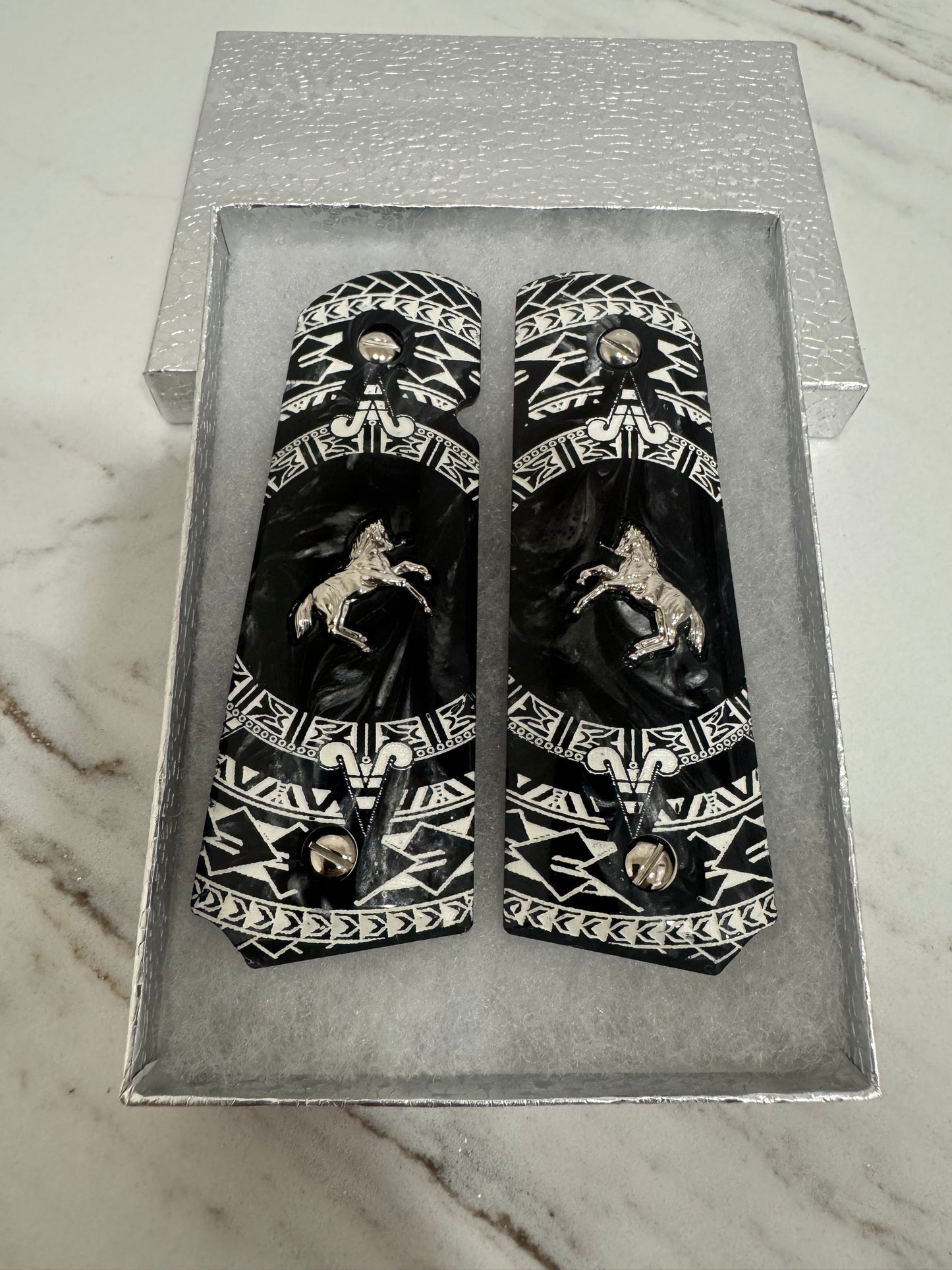 1911 Colt Nickel-Plated Horse Grips – Pearl with Aztec Motif Engraving (.45 ACP / .38 Super) – Rare