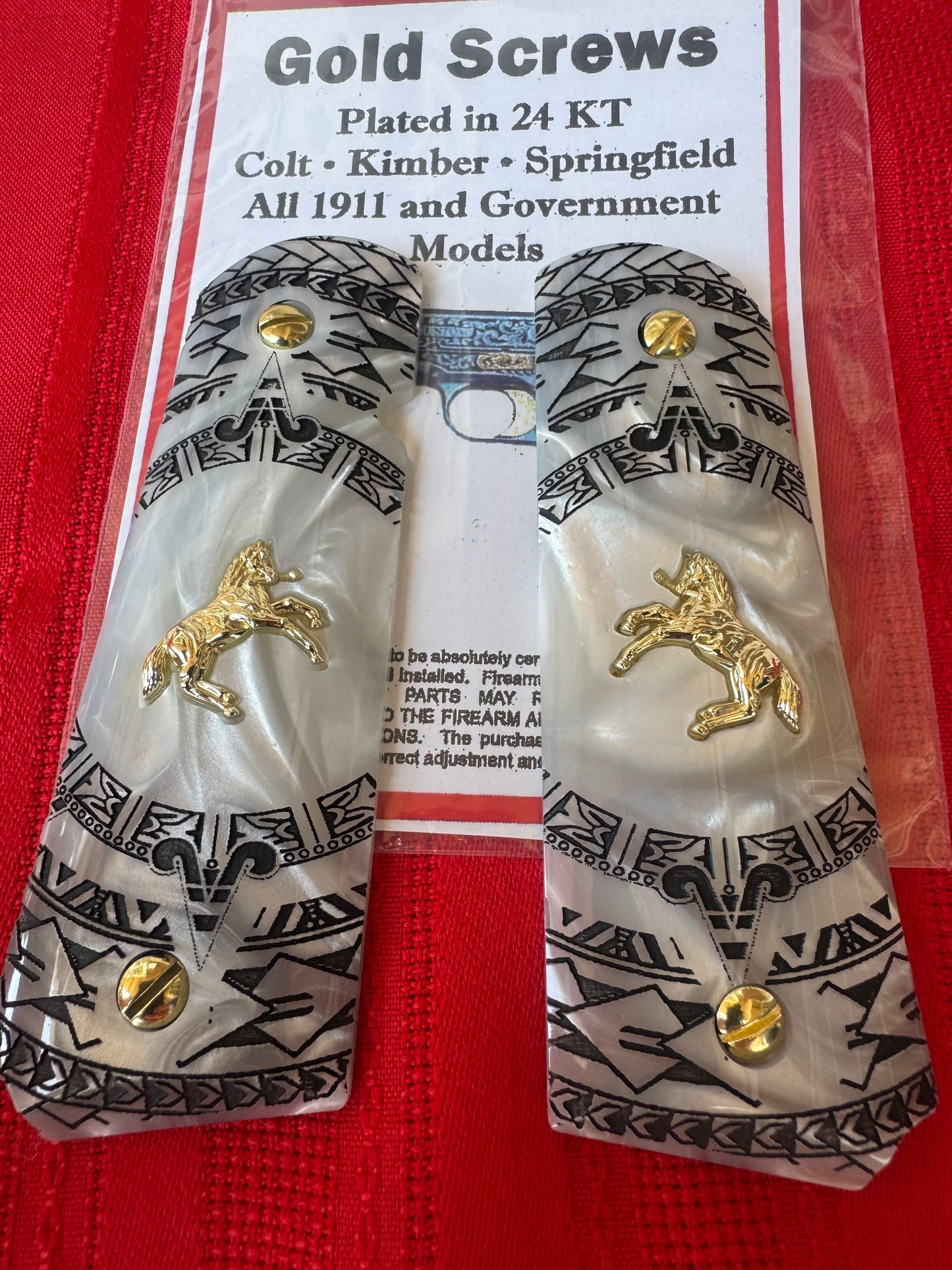 1911 Colt Gold-Plated Horse Grips – Pearl with Aztec Motif Engraving (.45 ACP / .38 Super) – Rare