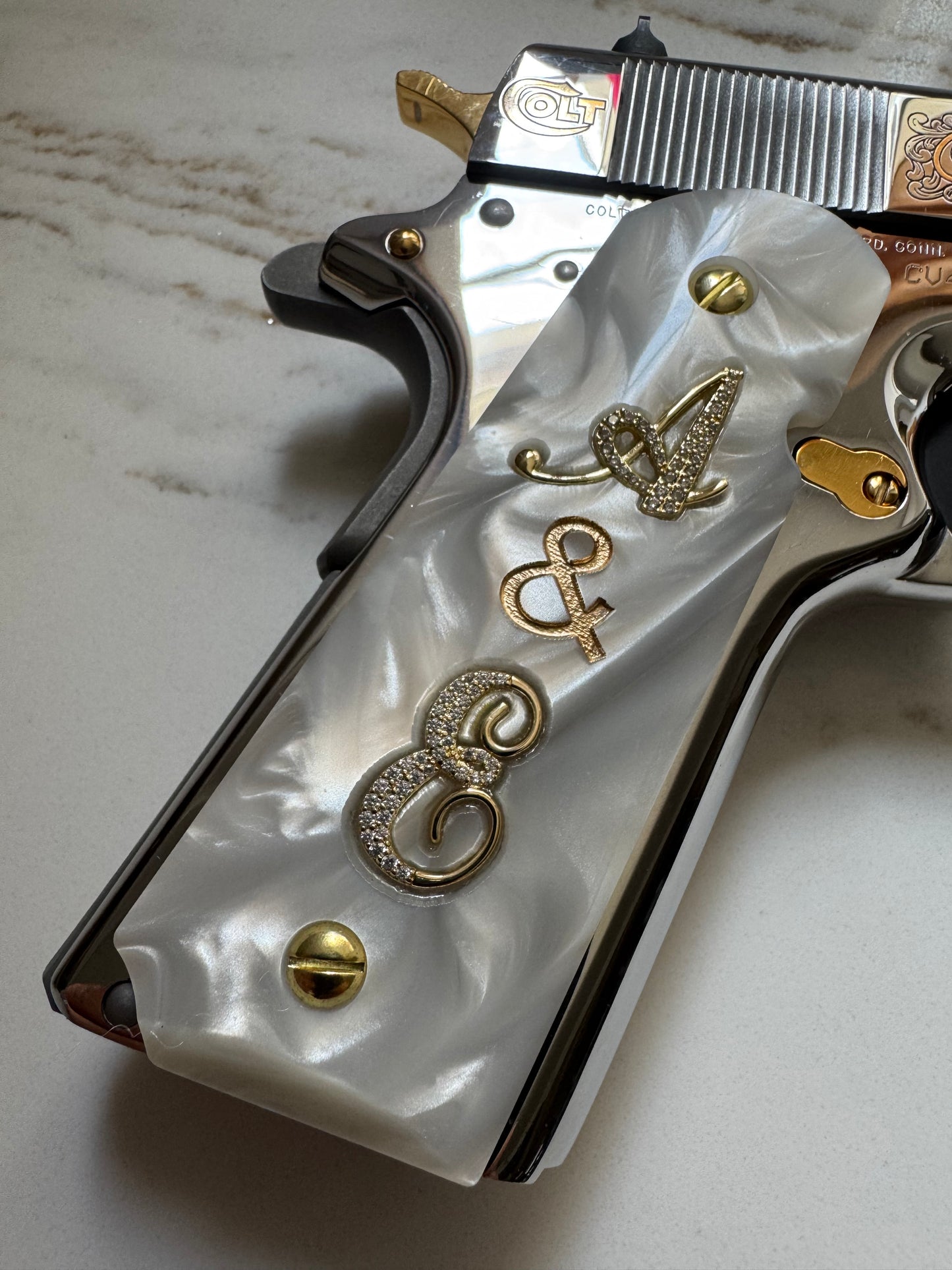 1911 Full Size White Pearl Grips “A & E” Gold Letter Inlays with CZ Stones Compatible with .45 ACP / .38 Super