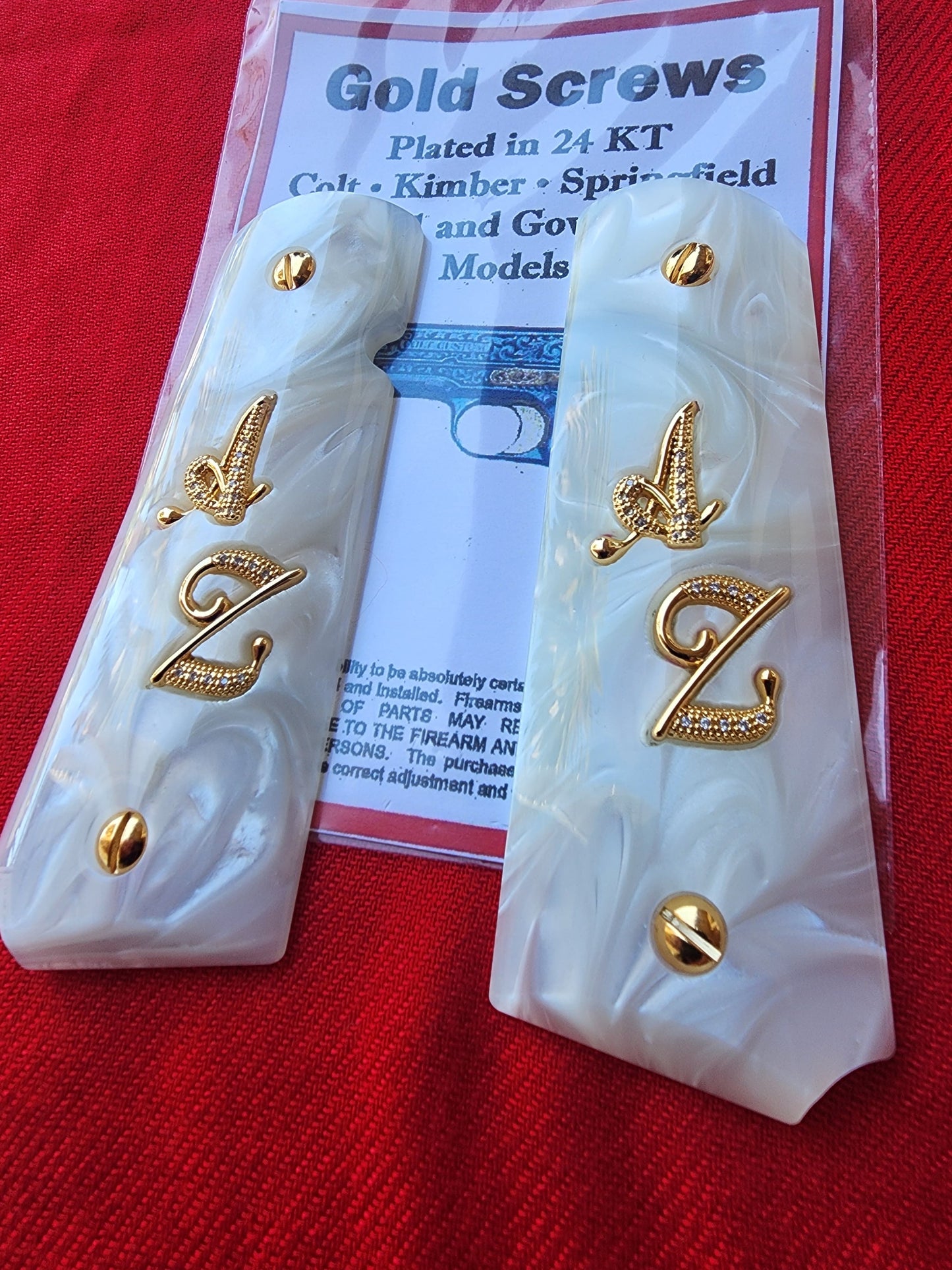 1911 White Pearl Grips Gold “A” “Z” Inlays with 24K Gold Plated Screws