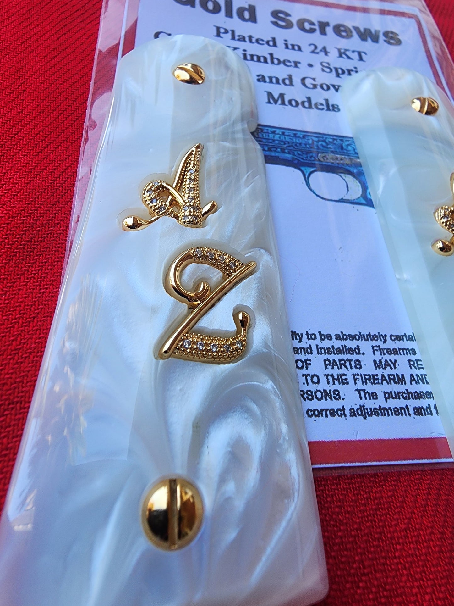 1911 White Pearl Grips Gold “A” “Z” Inlays with 24K Gold Plated Screws