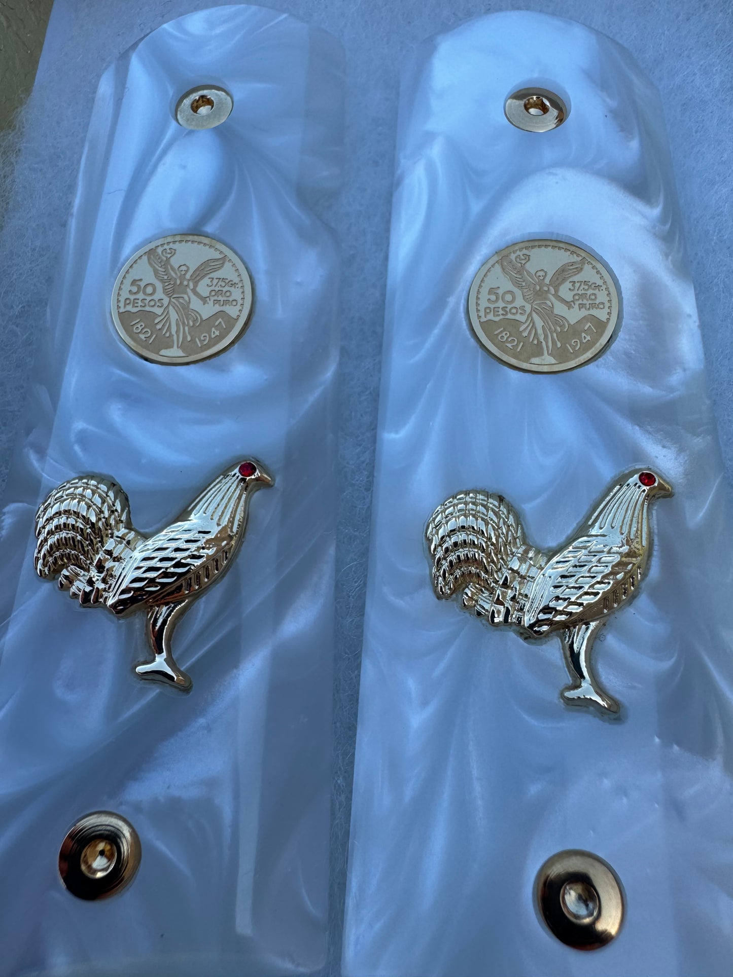 1911 Rooster Centenario 24k Gold Plated Inlayed CZ stone and Gold Fill  White Pearl Grips