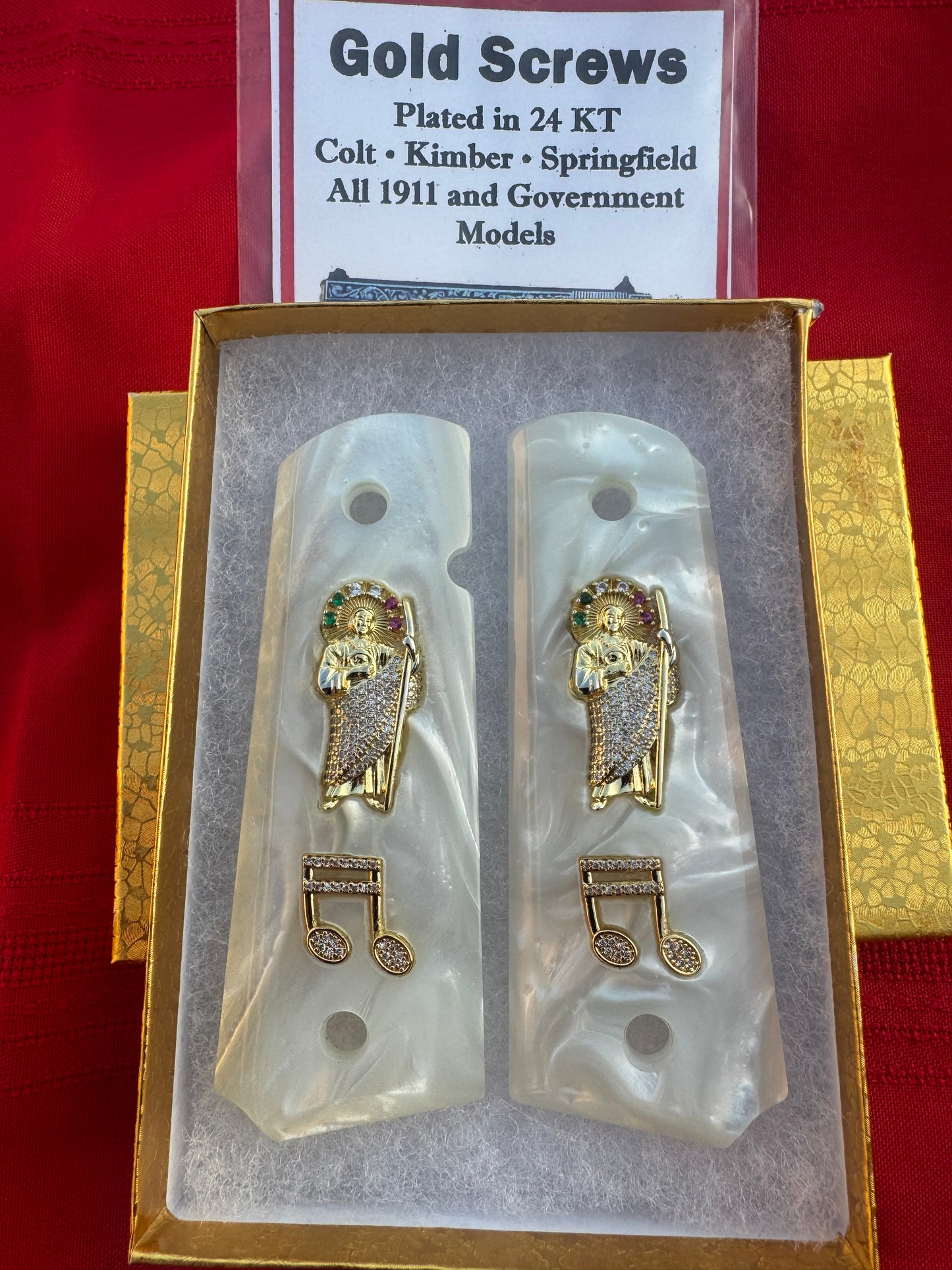 1911 White Pearl Grips – San Judas & Music Note Inlays with Gold plated Screws