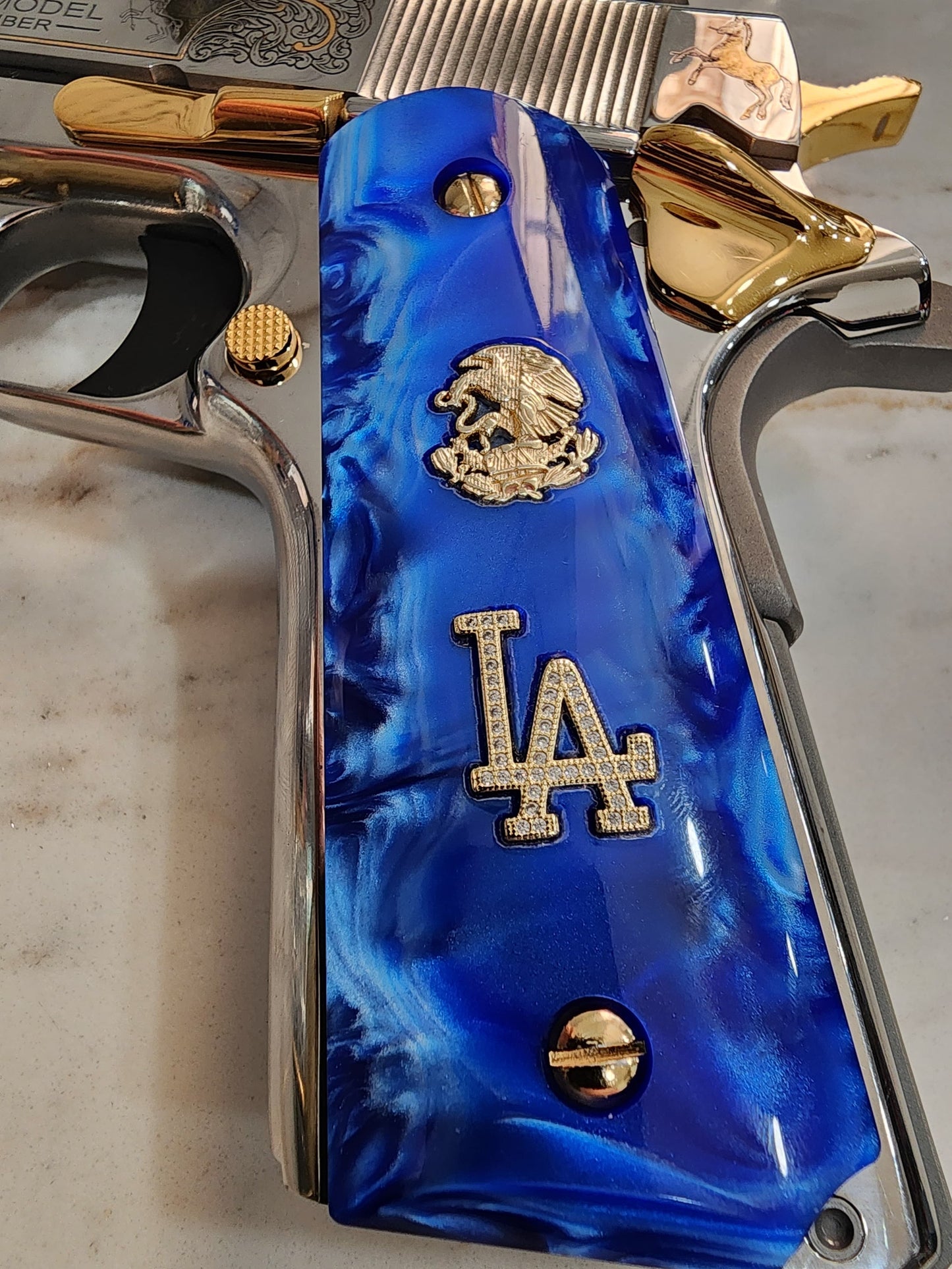 1911 Grips Royal Swirl Blue Pearl with LA Emblem & Mexican Eagle (24k Gold Screws)