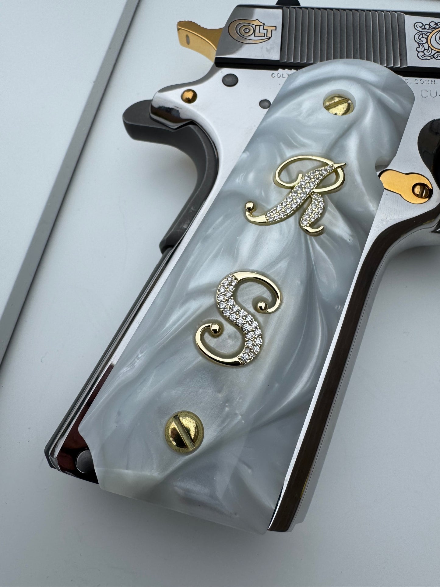 1911 “R” “S” 24k Gold Plated Inlayed CZ stones Grips white Pearl Grips
