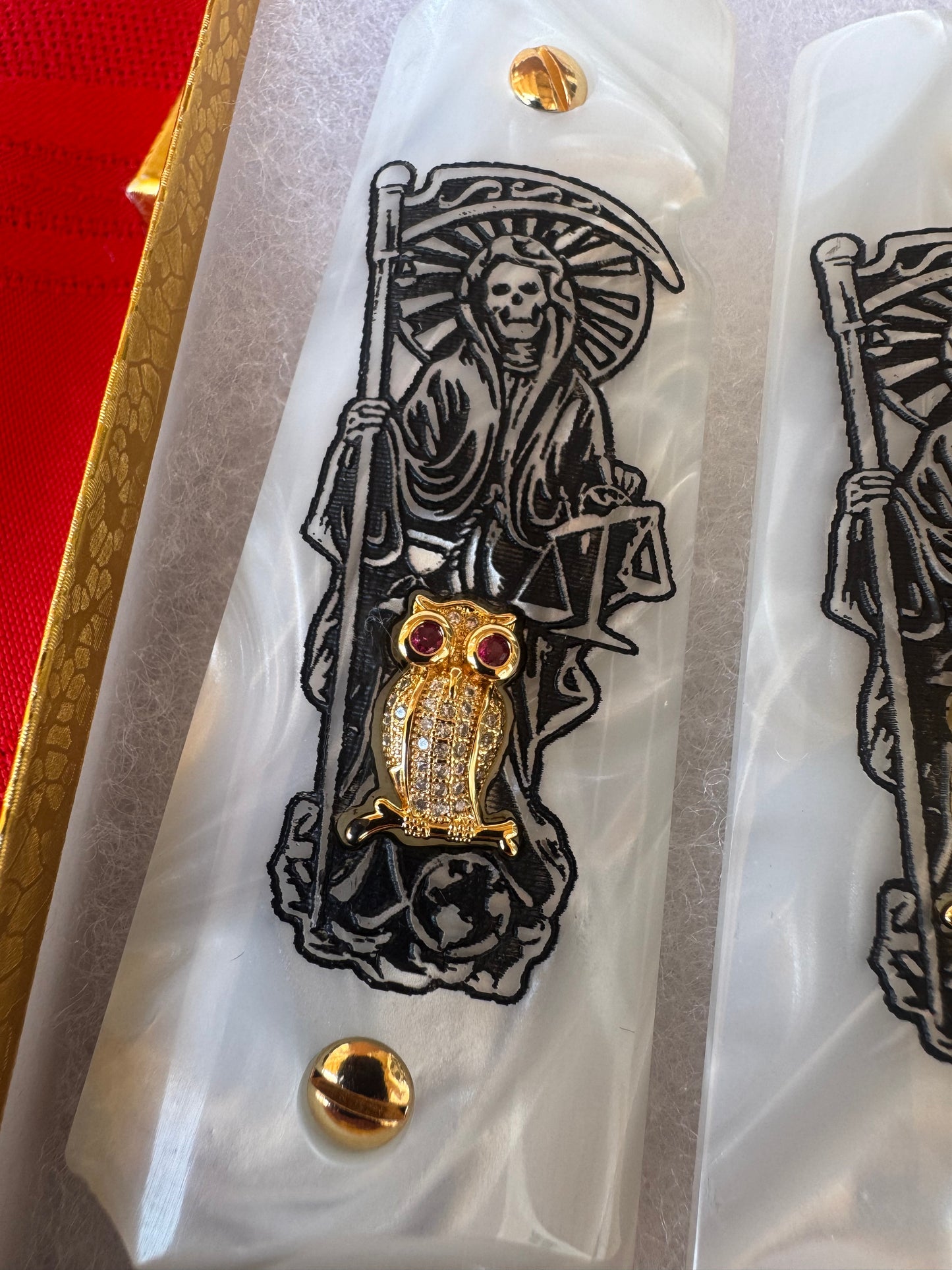 1911 Santa Muerte Design with CZ Gold Owl & 24K Gold Plated Screws White Pearlite Grips