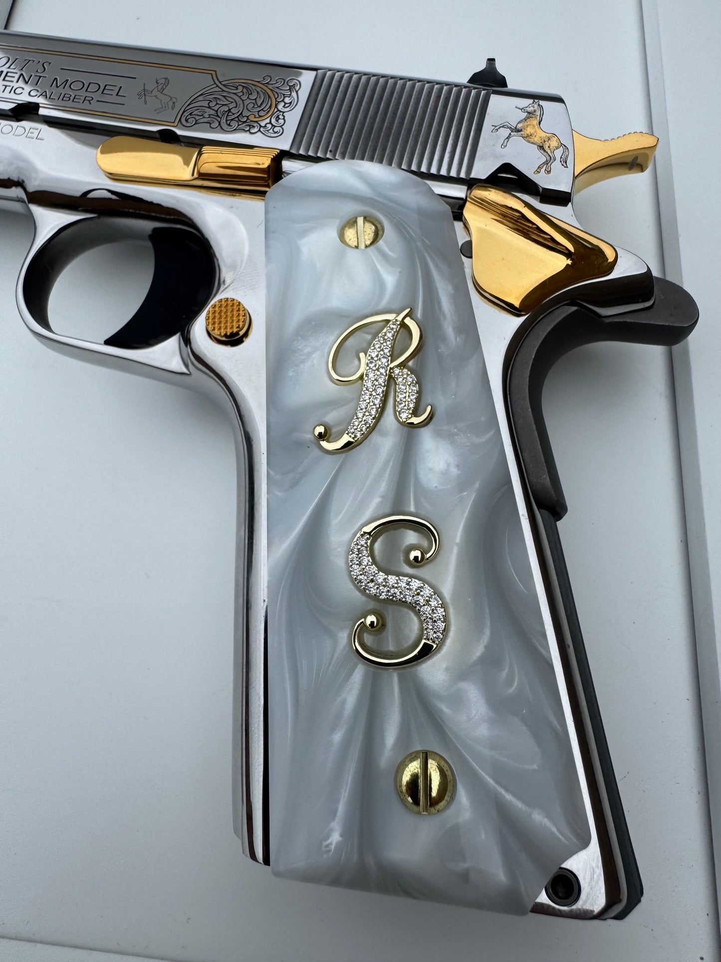 1911 “R” “S” 24k Gold Plated Inlayed CZ stones Grips white Pearl Grips