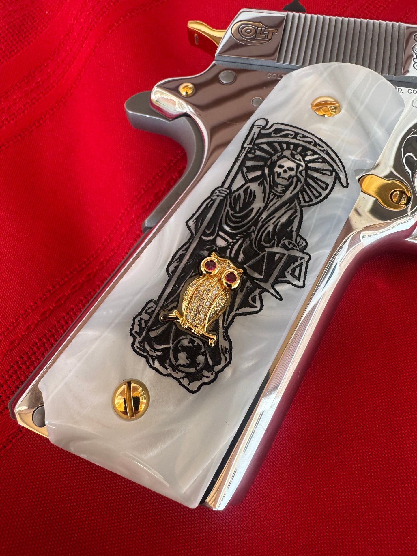 1911 Santa Muerte Design with CZ Gold Owl & 24K Gold Plated Screws White Pearlite Grips