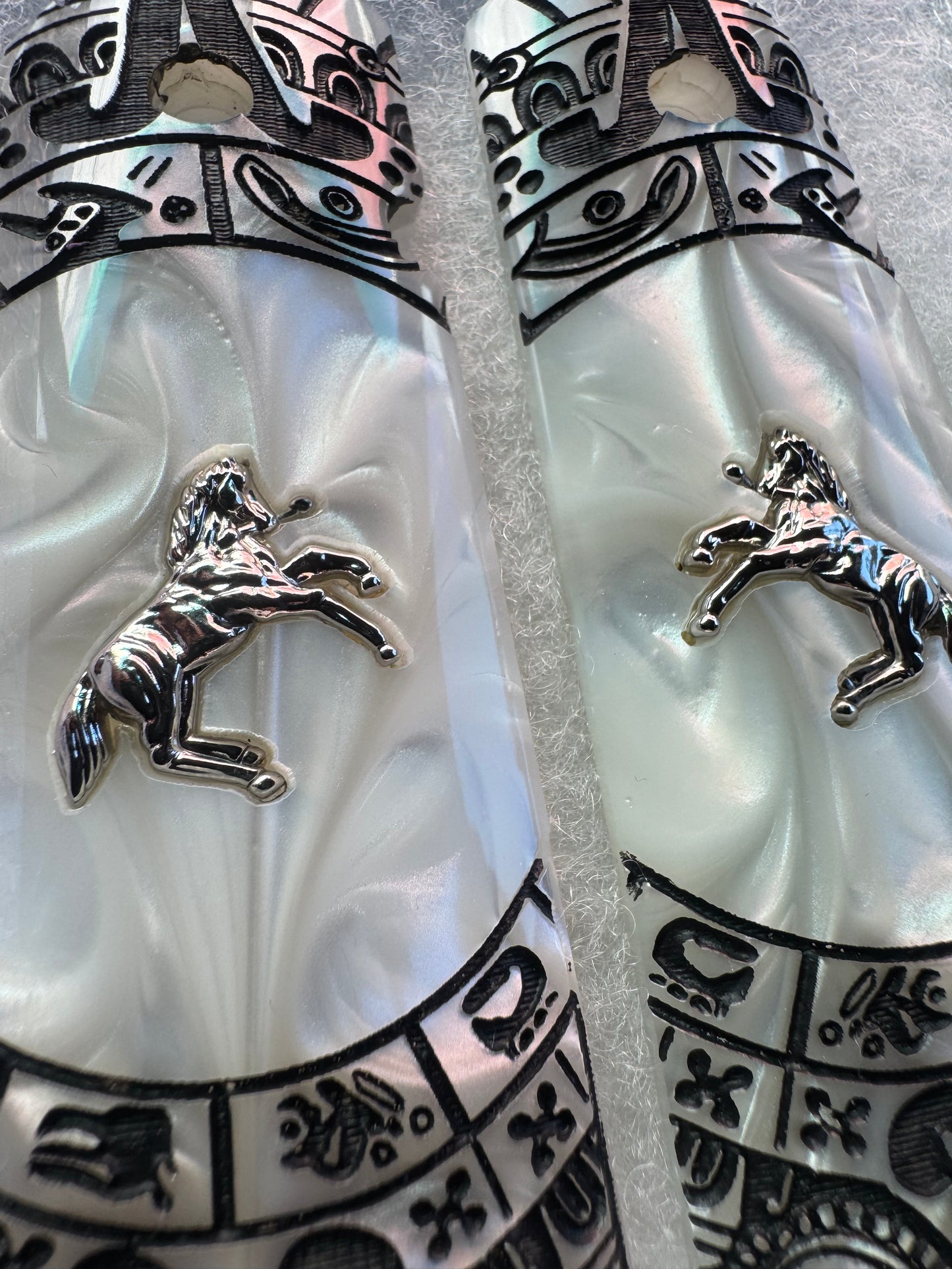 1911 Colt Nickel Plated Horse Grips Pearlite with Aztec Motif Engraving (.45 ACP / .38 Super)