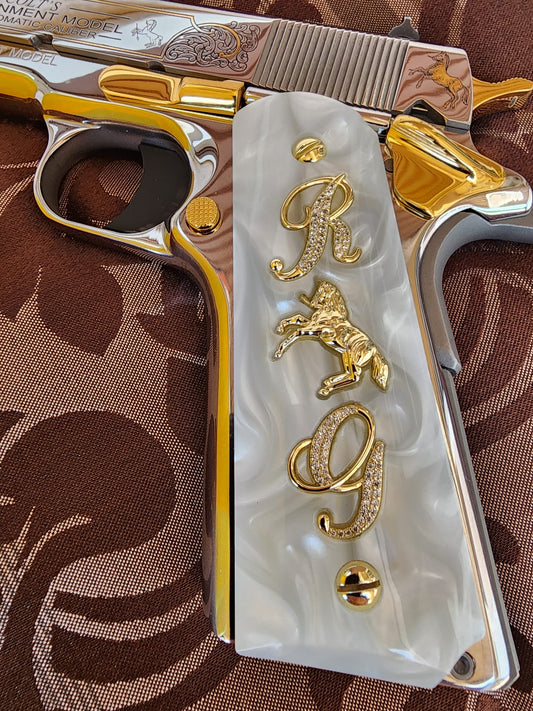 1911 White Pearl Grips Gold “R” & “G” Inlays with Horse Emblem & 24K Gold Plated Screws