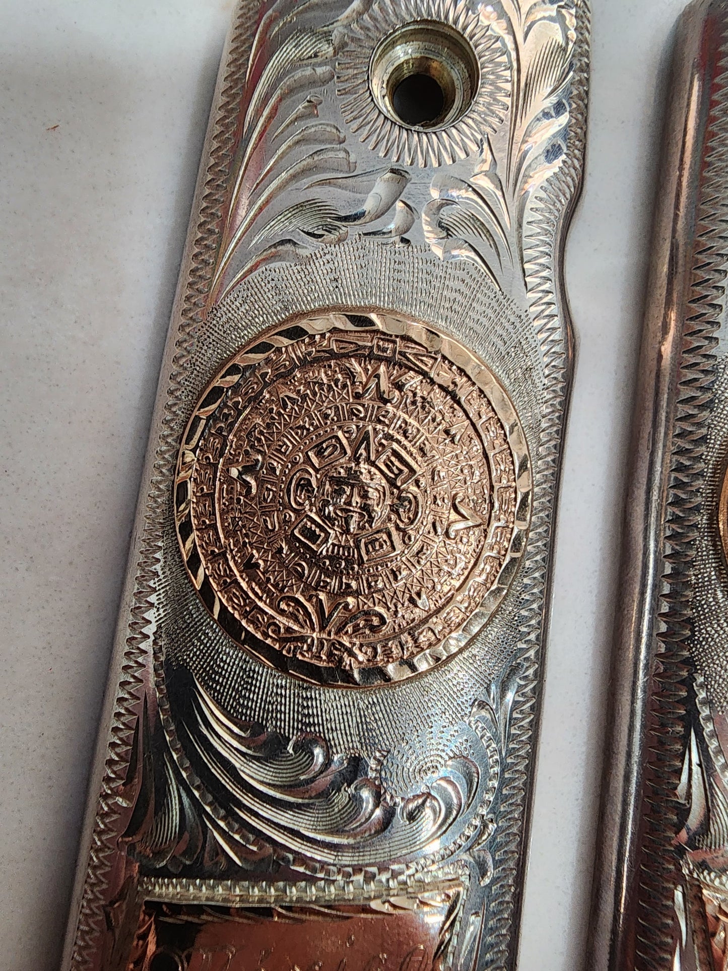 9.25 10kt gold inlay Silver Mexican Vintage Engraved Pistol Grips COLT 38 super/45