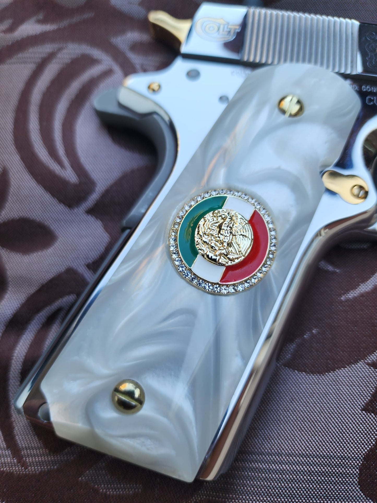 1911 Mexican Flag Inlays with CZ Stones & 24K Gold Plated Screws White Pearlite Grips