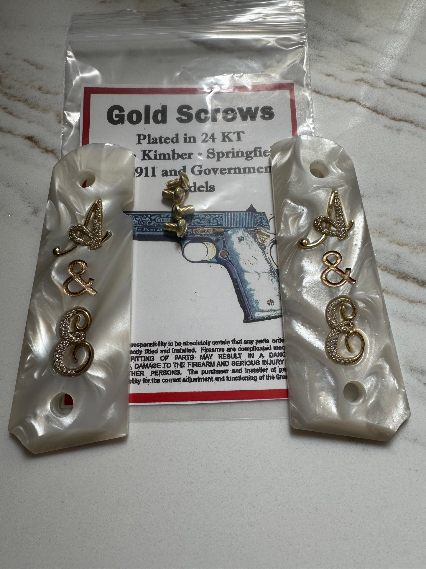 1911 Full Size White Pearl Grips “A & E” Gold Letter Inlays with CZ Stones Compatible with .45 ACP / .38 Super