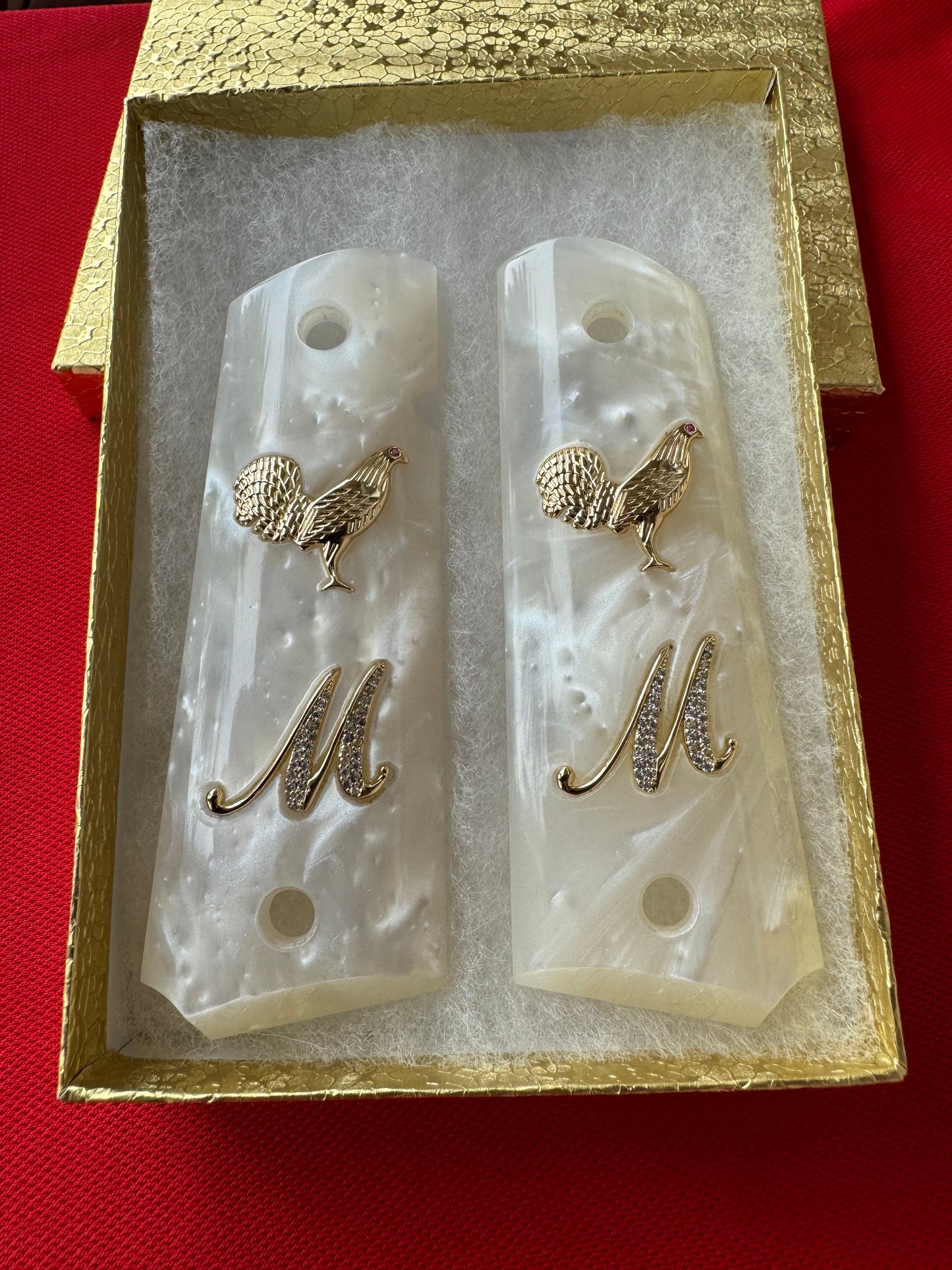 1911 Rooster “M” 24k Gold Plated Inlayed CZ stones Grips  White Pearl Grips