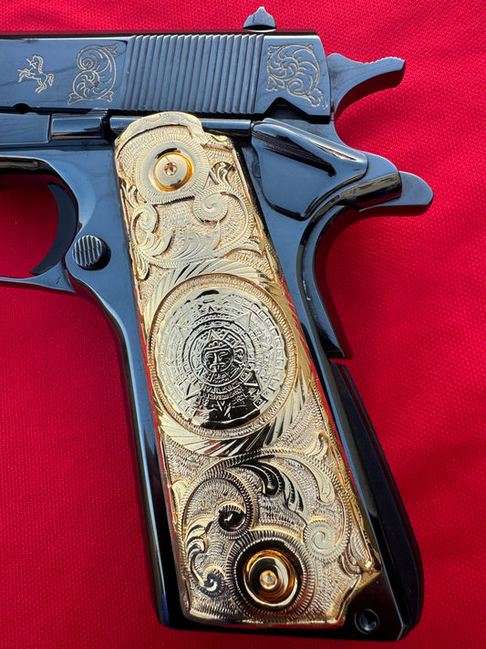 1911 Aztec Calendar Grips 24k Gold Plated .45 38 Super caliber