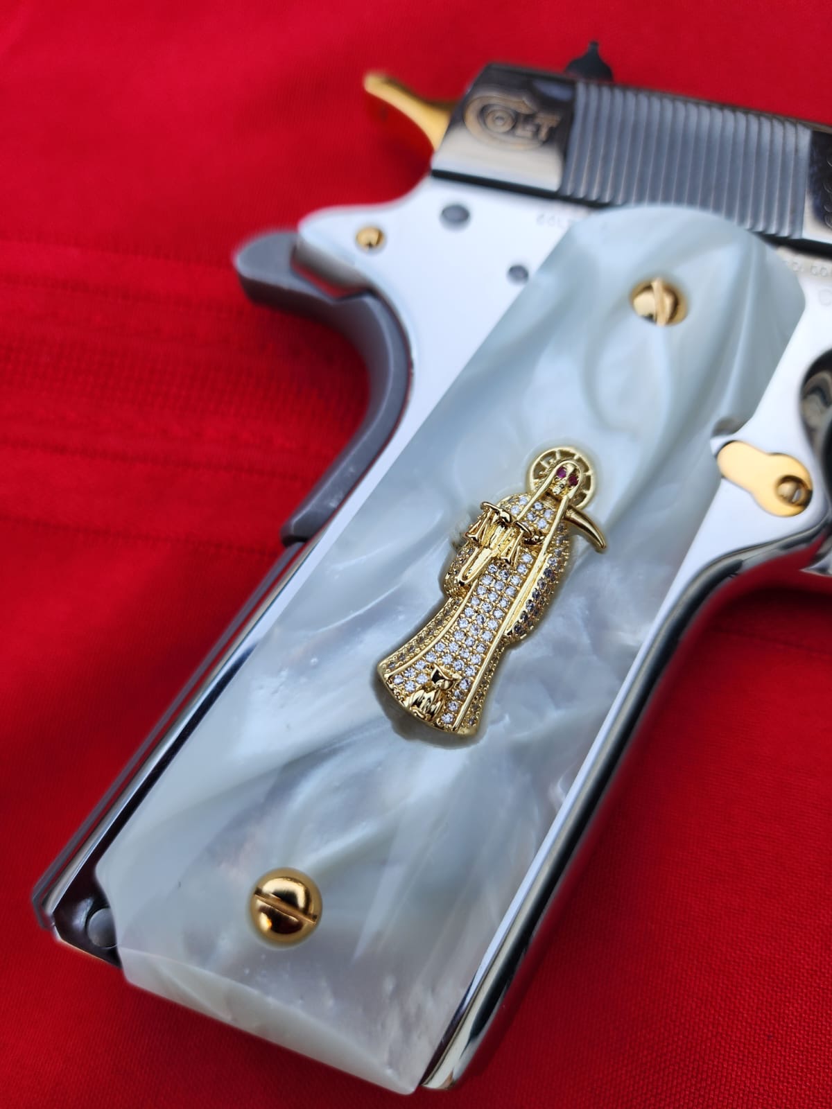 1911 Santa Muerte Design with CZ stones with 24K Gold Plated Screws White Pearlite Grips
