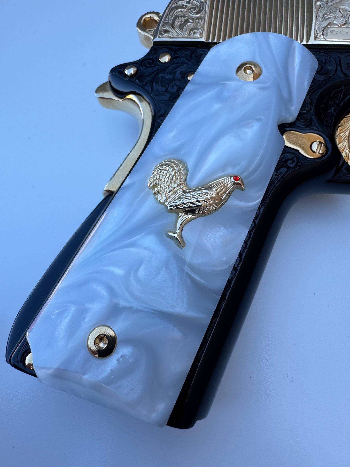1911 Rooster 24k Gold Plated Inlayed CZ stone and Gold Fill  White Pearl Grips