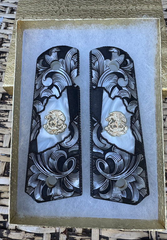 1911 Mexican Eagle 24k Gold Plated with detailed Baroque Scrolls White Pearlite Grips