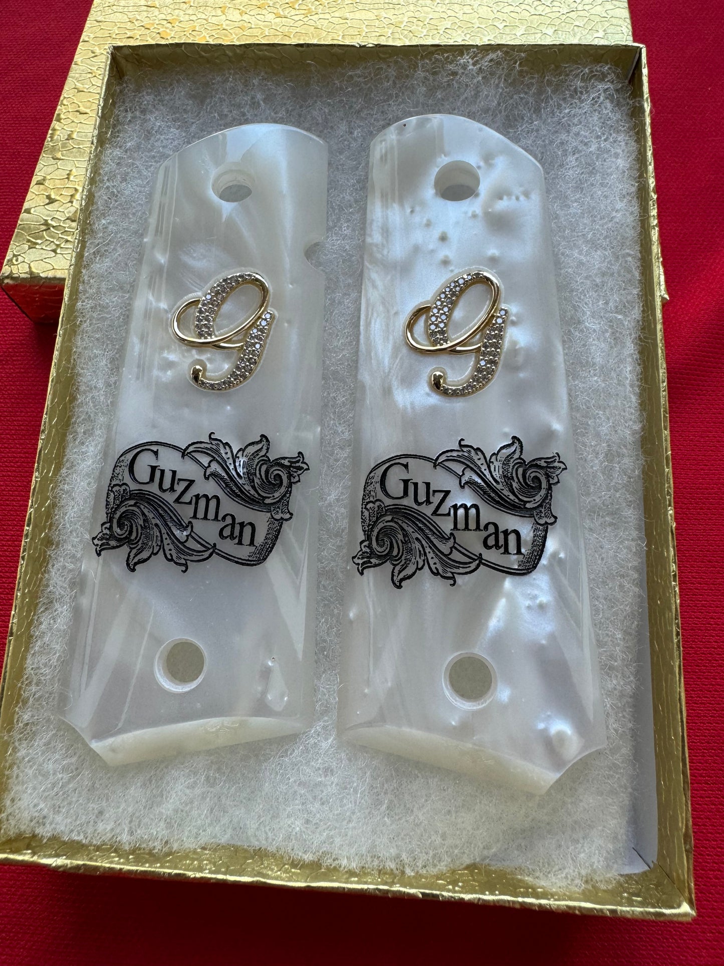 1911 “G” Last Name “Guzman” 24k Gold Plated Inlayed CZ stones Grips  White Pearl Grips