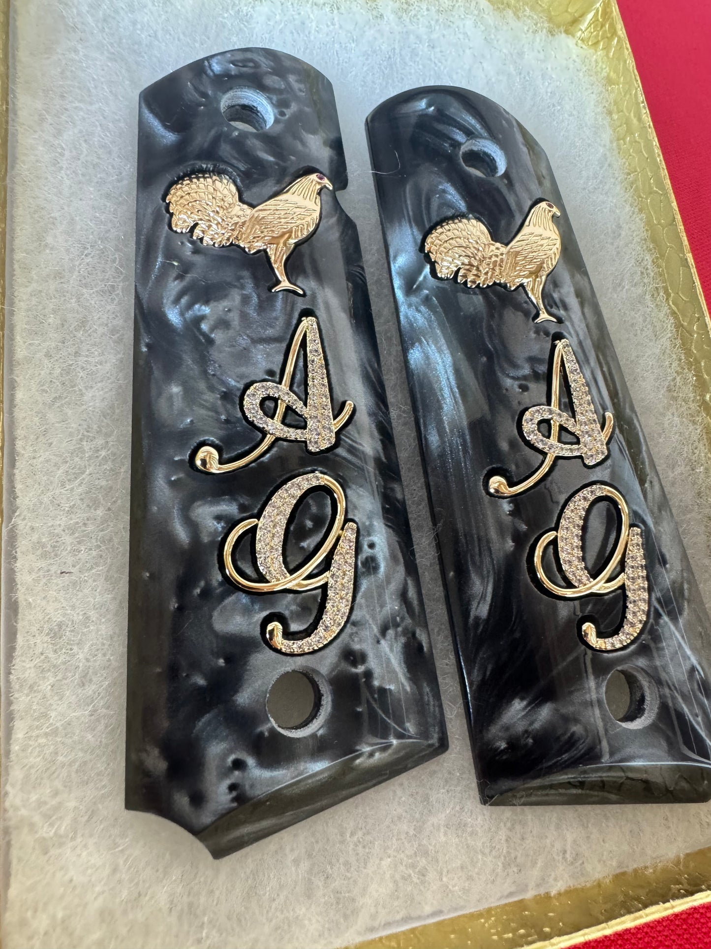 1911 "Rooster" “A” “G” 24k Gold Plated Inlayed CZ stones Grips  Black Pearl Grips