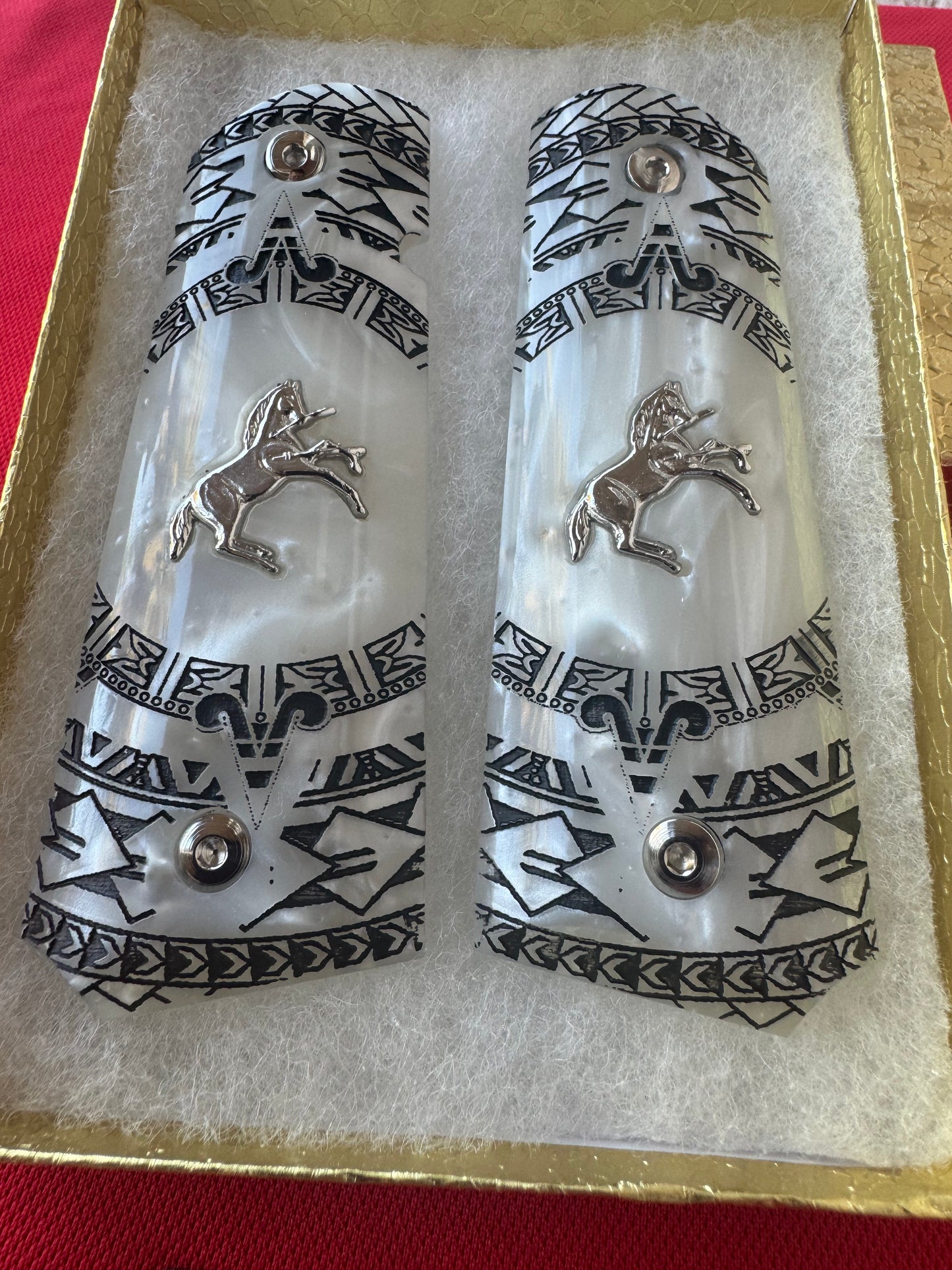 1911 Colt Silver Horse Plated Pearl Aztec Motif Engraved grips 45 38 super Rare