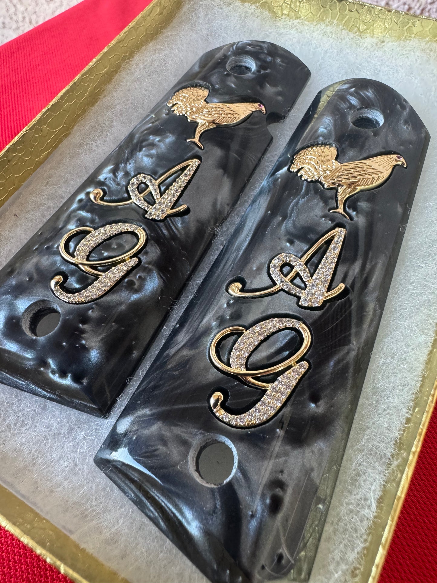 1911 "Rooster" “A” “G” 24k Gold Plated Inlayed CZ stones Grips  Black Pearl Grips