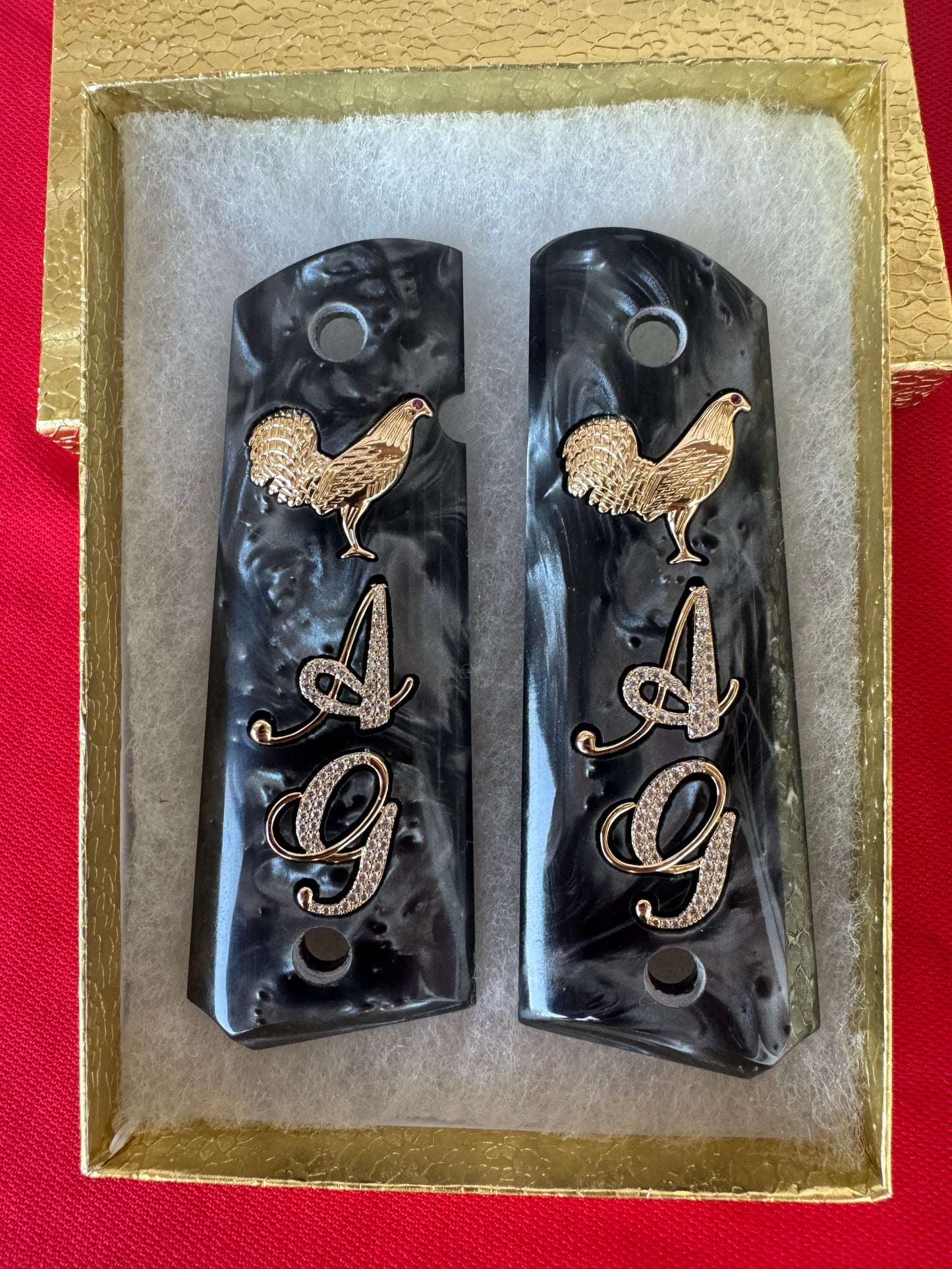 1911 "Rooster" “A” “G” 24k Gold Plated Inlayed CZ stones Grips  Black Pearl Grips
