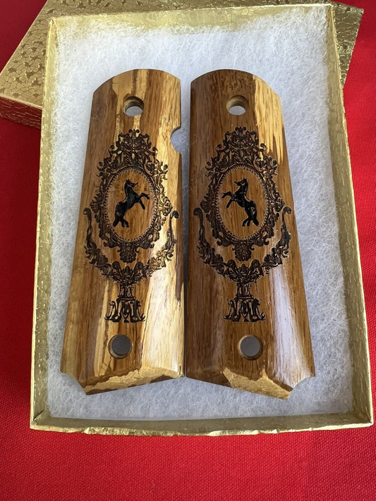 1911 Laser Engraved Wood Grips Colt Horse  45 acp 38 Super Calibers