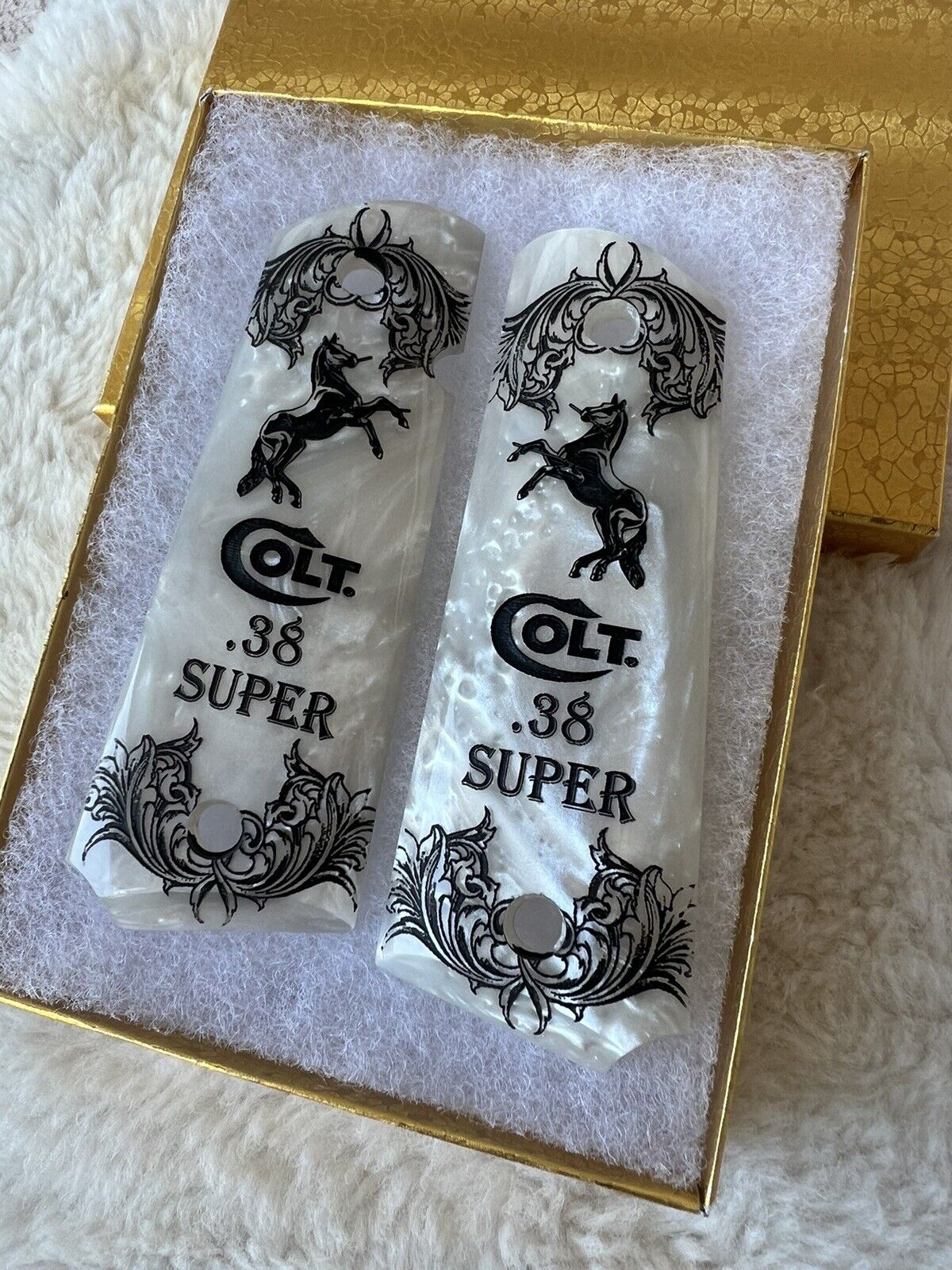 1911 Pearl Colt Horse Logo Engraved Scrolls Grips  45 acp 38 Super cal