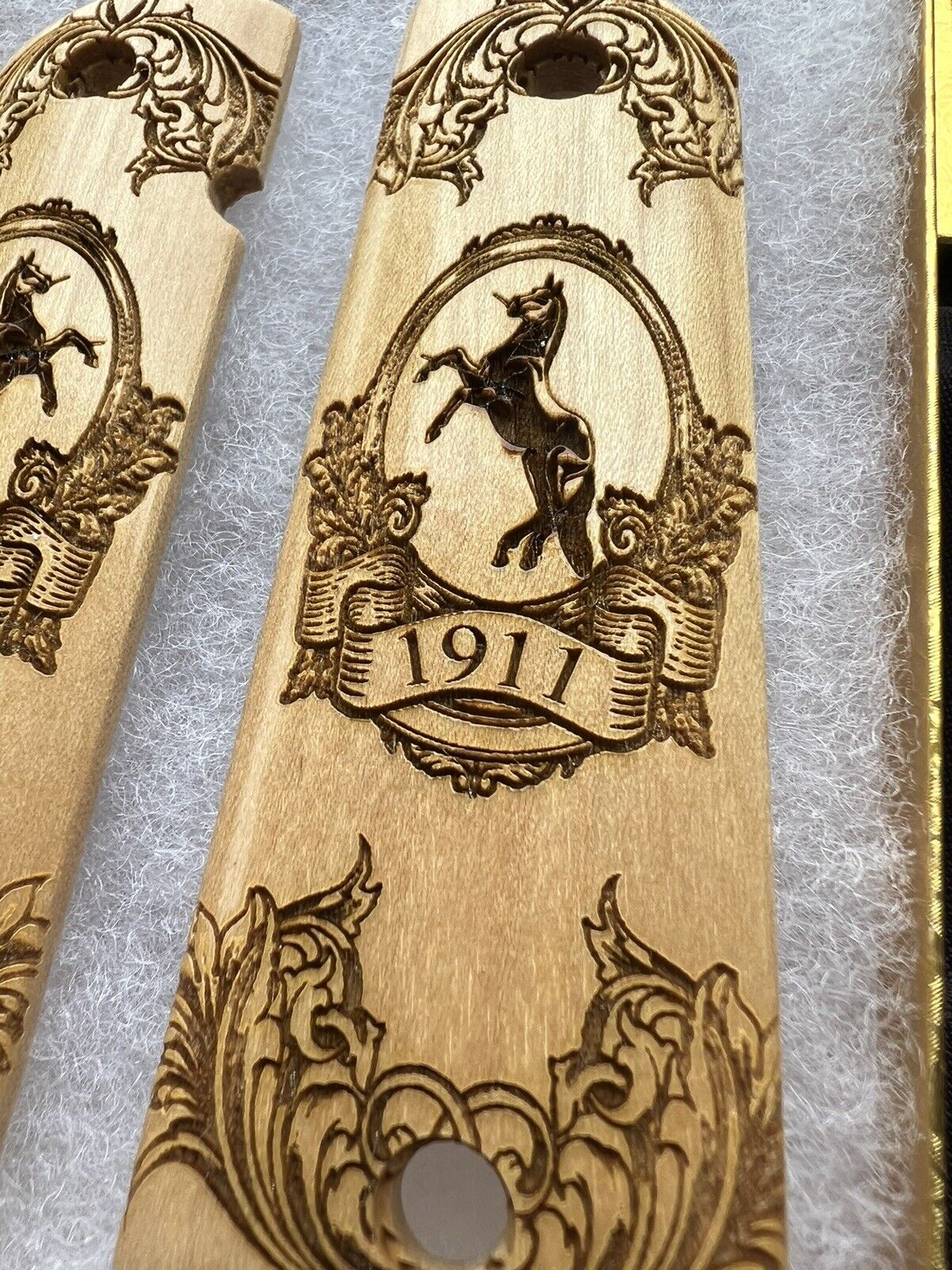 1911  Wood Mural Scrolls Horse Engraved Design Grips  45 acp 38 Super