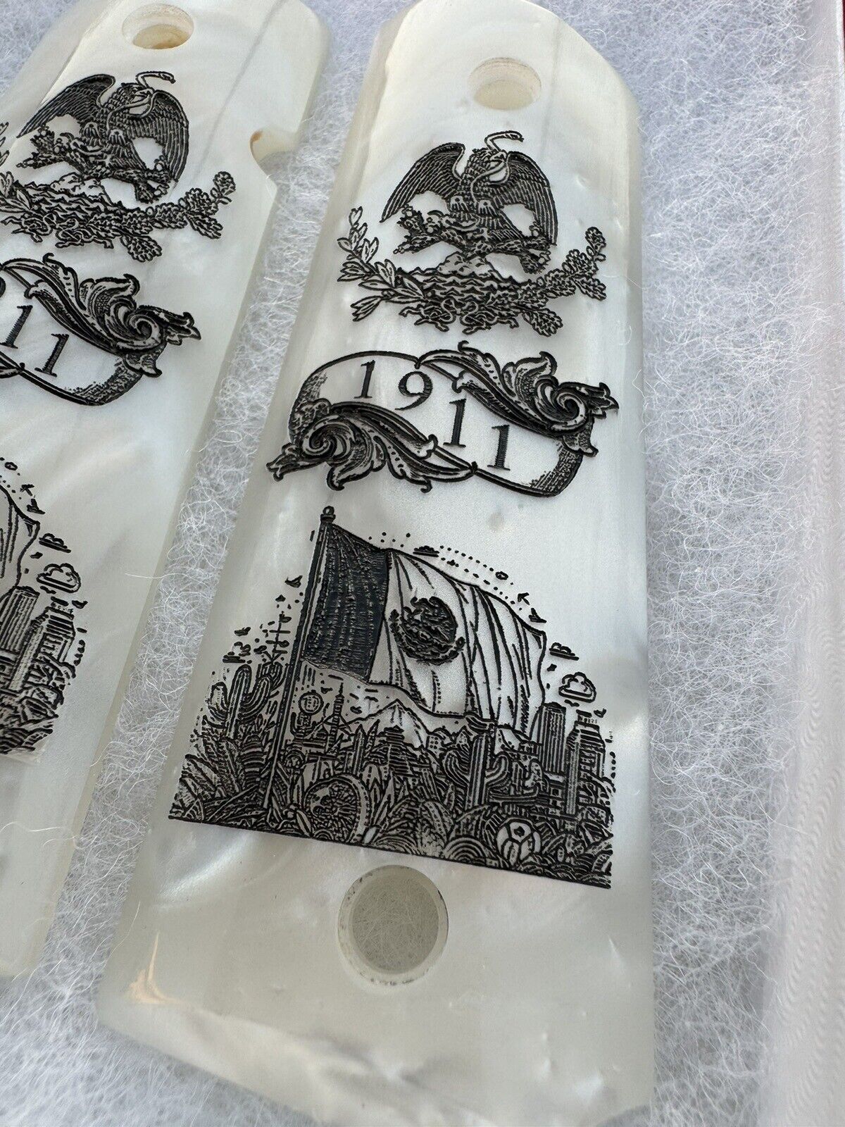 1911 Colt Pearl Mexican Eagle/Flag Scrolls Custom Grips  45 acp 38 Super  Cal