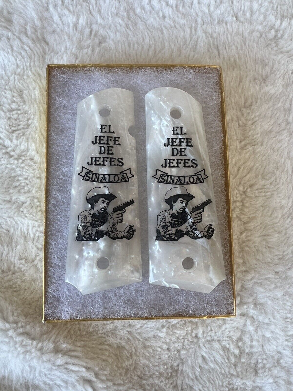 1911 Pearl Laser Engraved Chalino Jefe De Jefes Grips 45 acp 38 Super cal