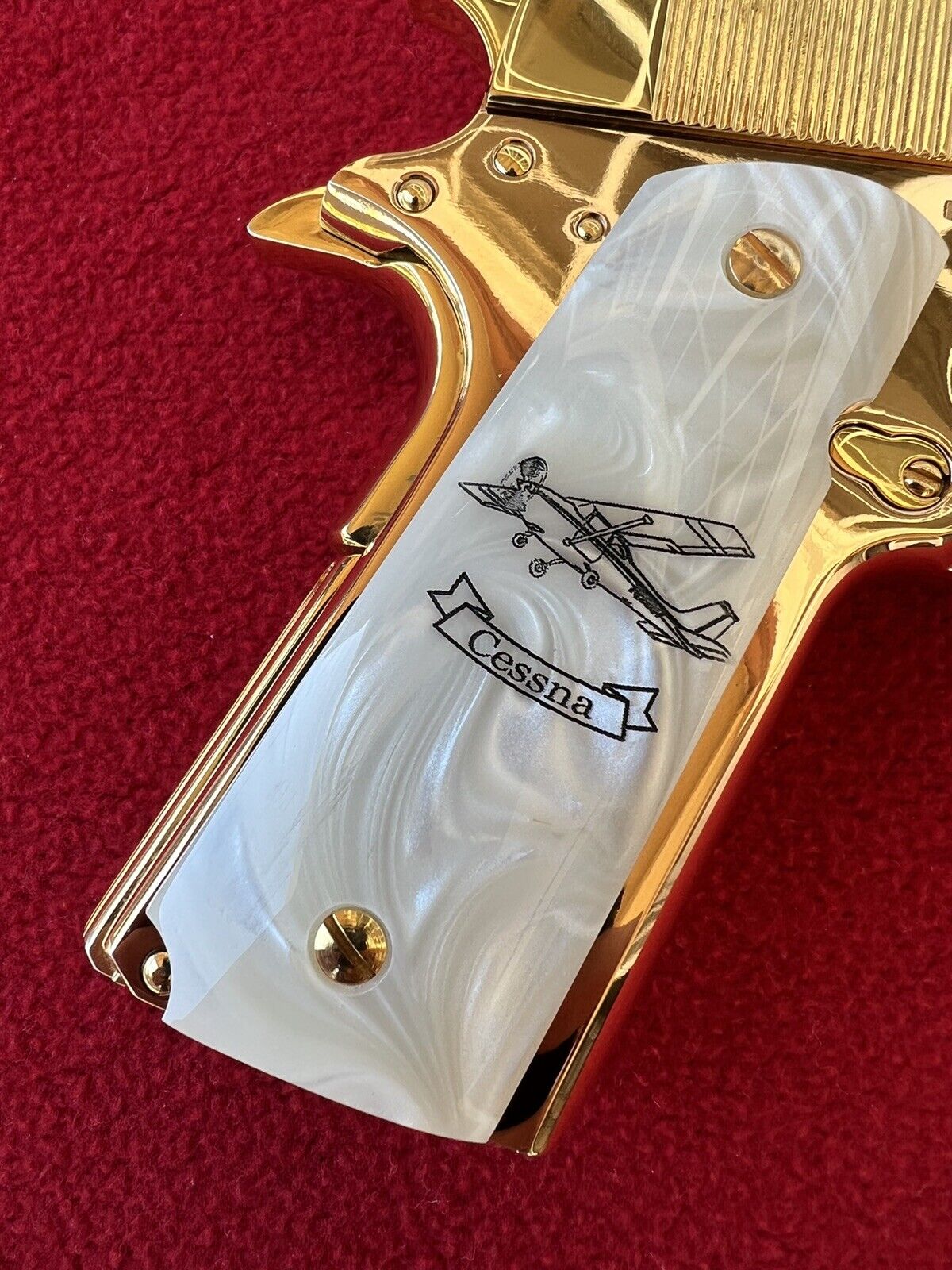 1911 Pearl Laser Engraved Cessna Plane Grips  45 acp 38 Super cal