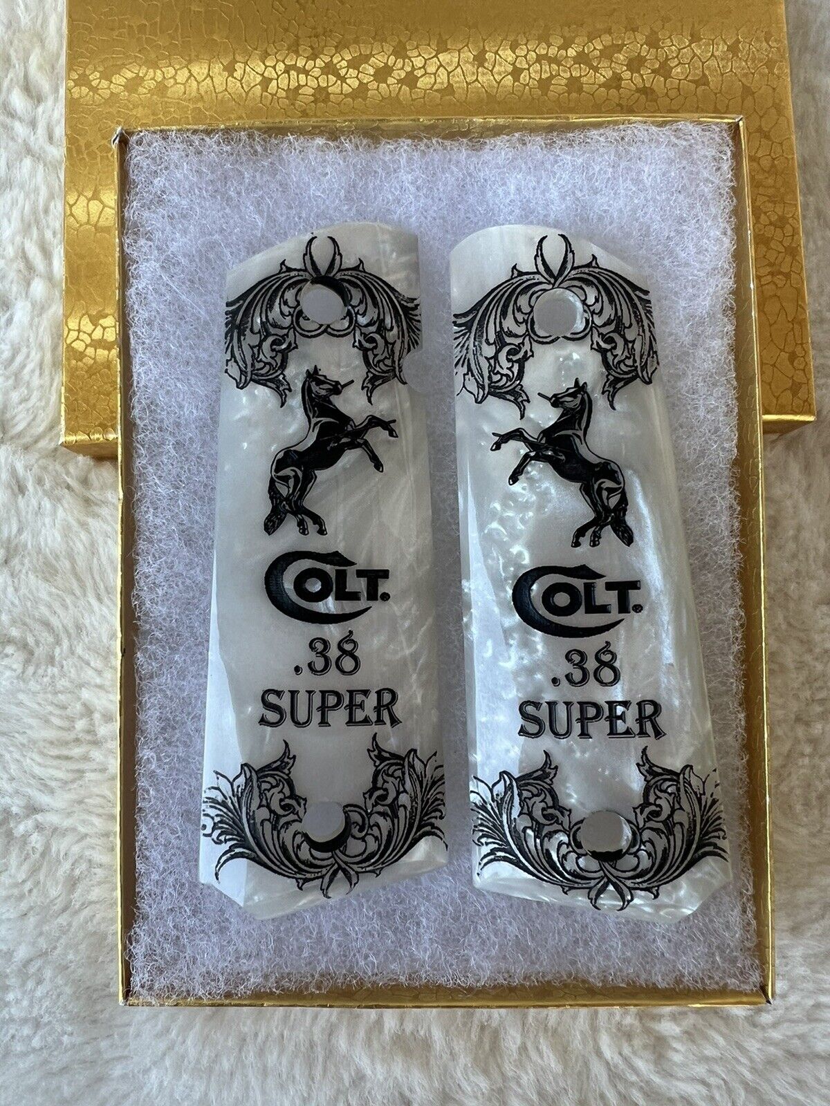 1911 Pearl Colt Horse Logo Engraved Scrolls Grips  45 acp 38 Super cal