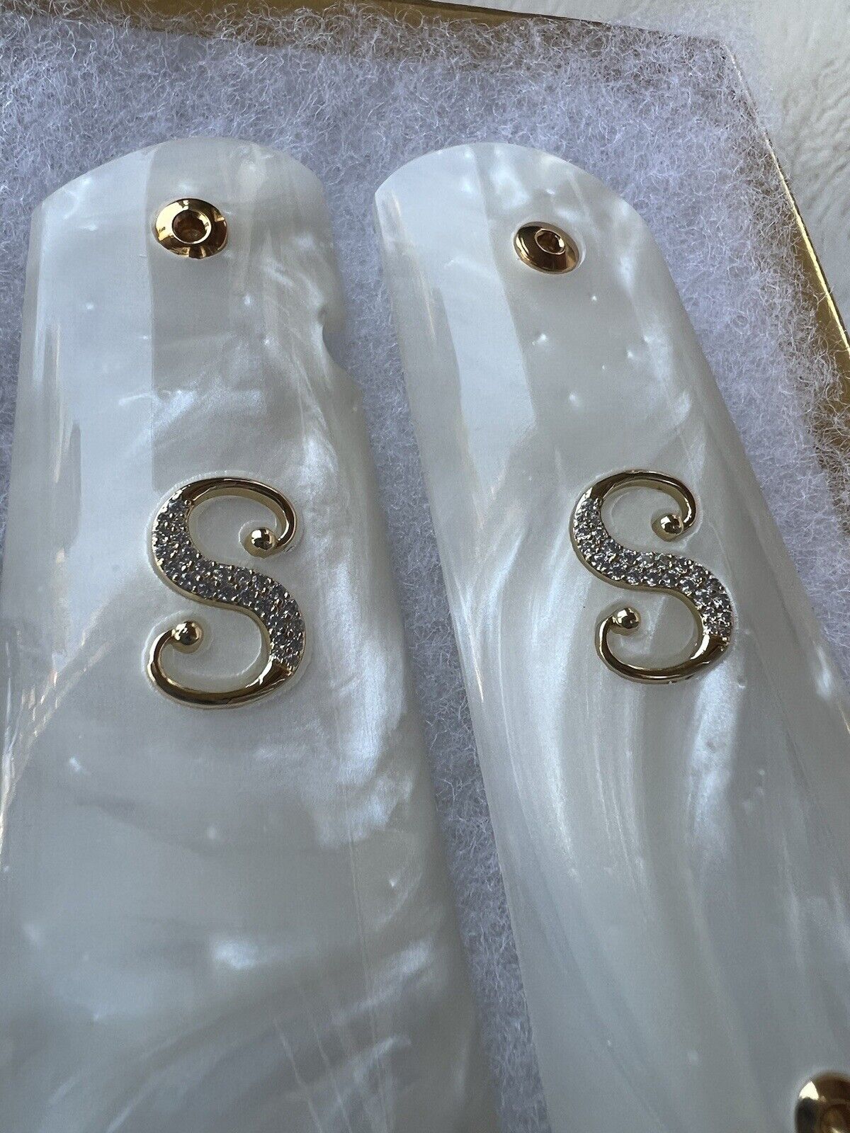 1911 Pearl Grips With S Letter Gold Plated CZ Stones  45 acp