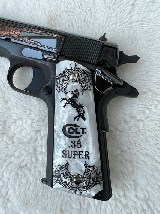 1911 Pearl Colt Horse Logo Engraved Scrolls Grips  45 acp 38 Super cal