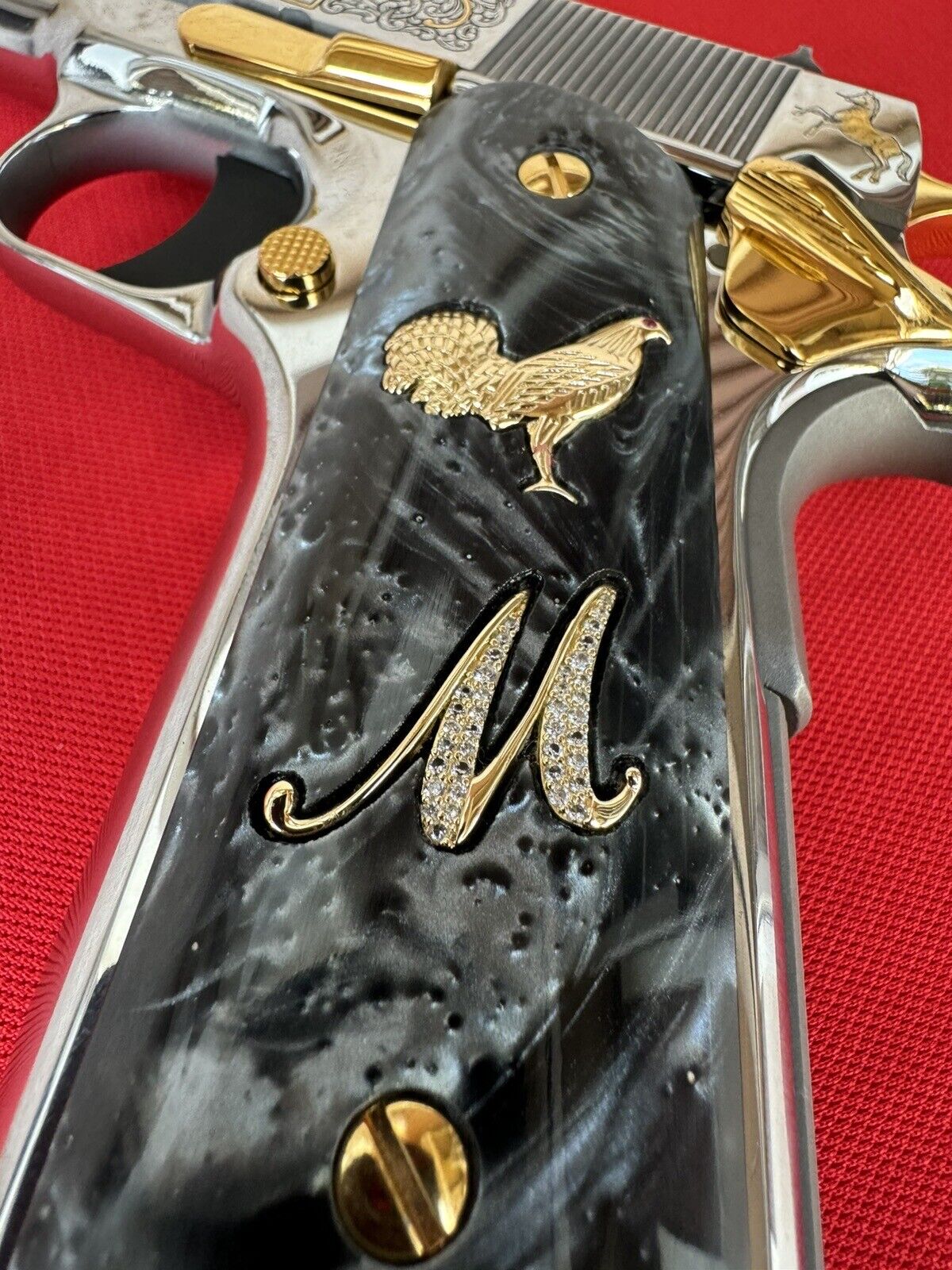 1911 "Rooster" “M” 24k Gold Plated Inlayed CZ stones Grips  Black Pearl Grips