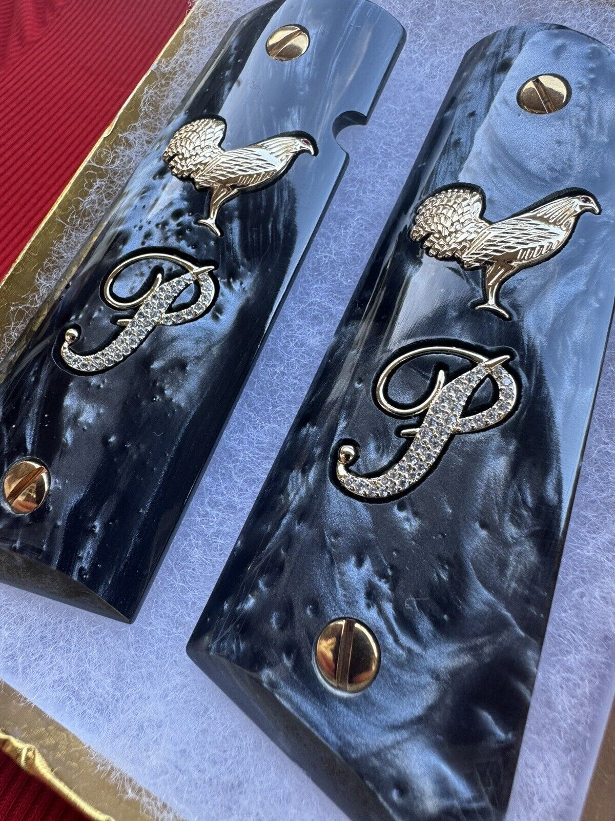 1911 "Rooster" “P” 24k Gold Plated Inlayed CZ stones Grips  Black Pearl Grips
