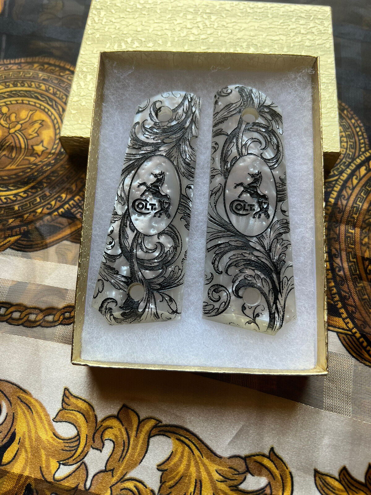 1911 Pearl Laser Engraved Scrolls Colt Logo Grips  45 acp 38 Super cal