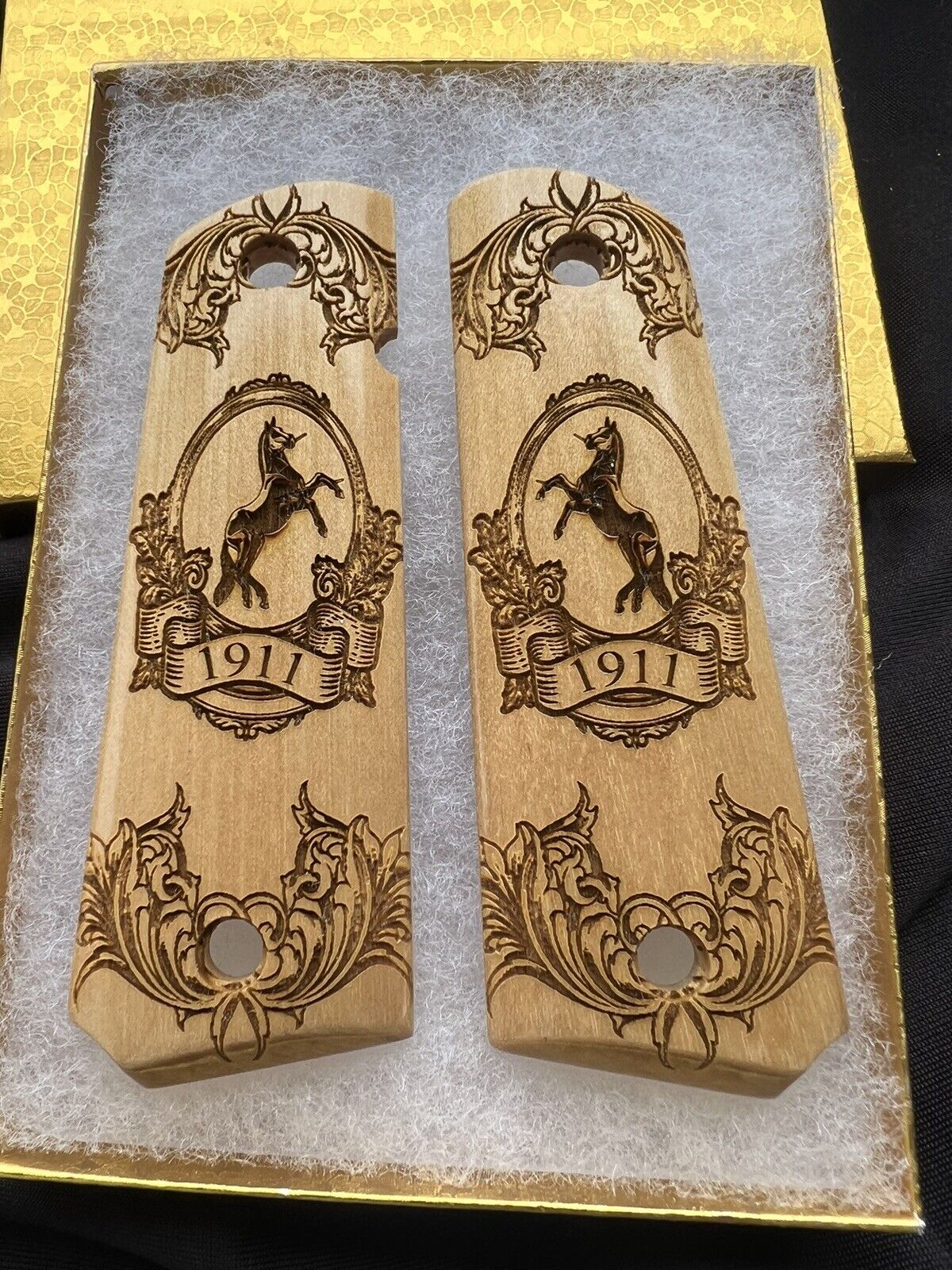 1911  Wood Mural Scrolls Horse Engraved Design Grips  45 acp 38 Super