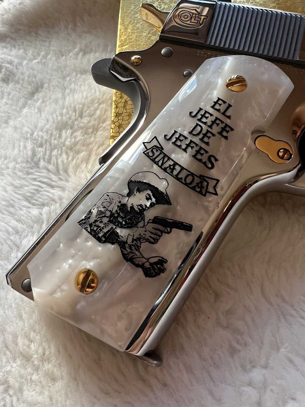 1911 Pearl Laser Engraved Chalino Jefe De Jefes Grips 45 acp 38 Super cal