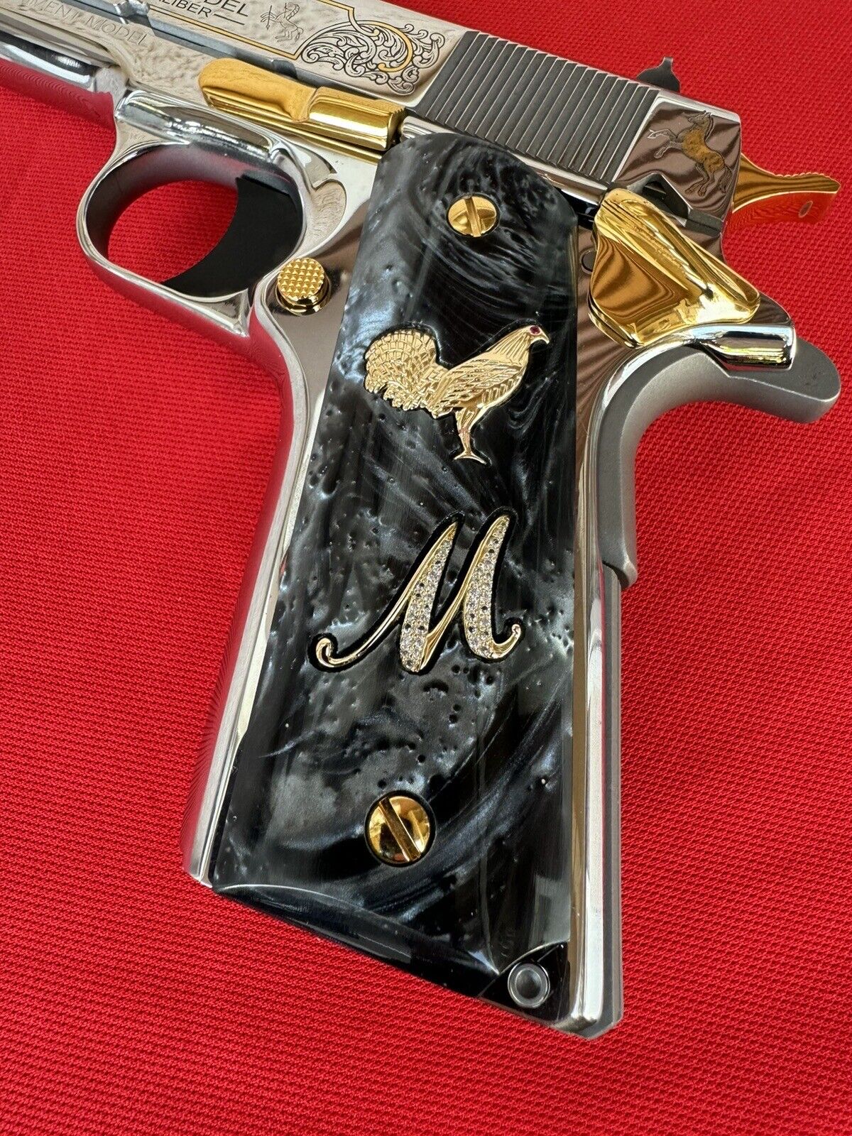 1911 "Rooster" “M” 24k Gold Plated Inlayed CZ stones Grips  Black Pearl Grips