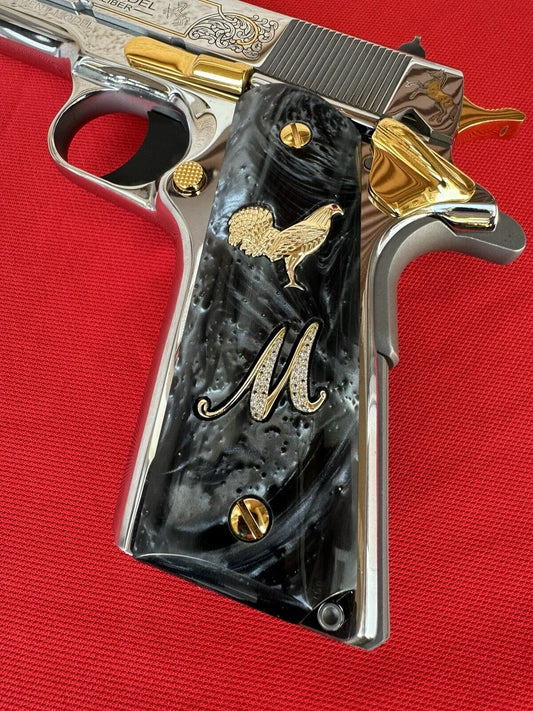 1911 "Rooster" “M” 24k Gold Plated Inlayed CZ stones Grips  Black Pearl Grips
