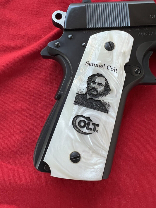 1911 Pearl Laser Engraved Samuel Colt Grips 45 acp 38 Super cal