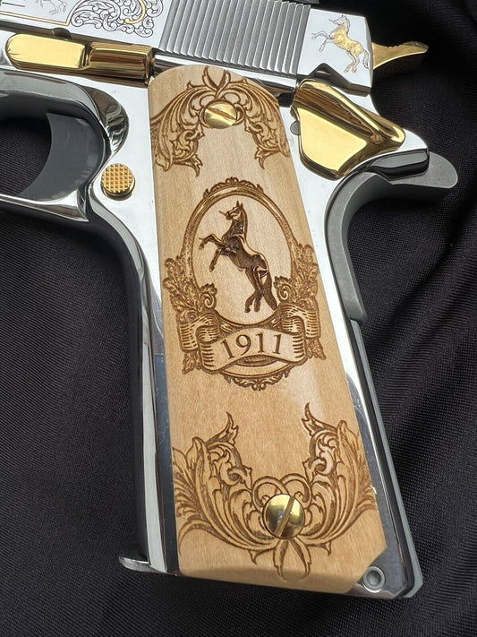 1911  Wood Mural Scrolls Horse Engraved Design Grips  45 acp 38 Super