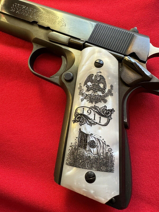 1911 Colt Pearl Mexican Eagle/Flag Scrolls Custom Grips  45 acp 38 Super  Cal