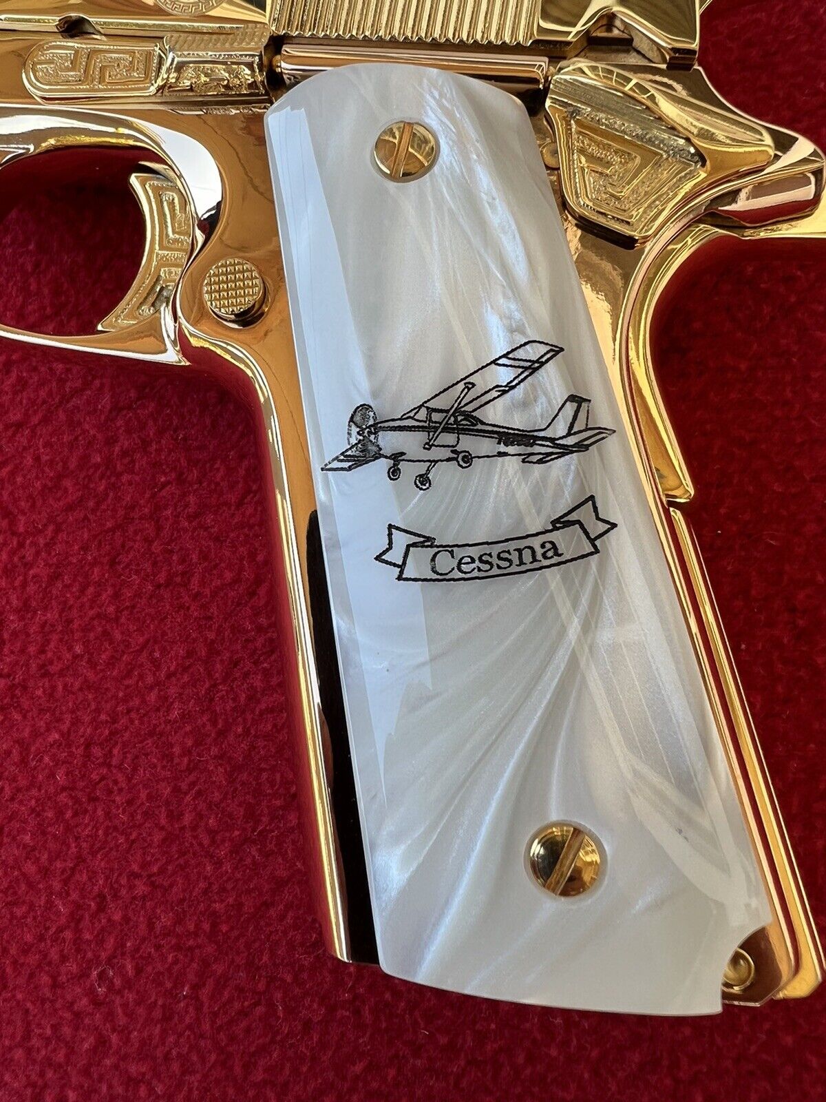 1911 Pearl Laser Engraved Cessna Plane Grips  45 acp 38 Super cal