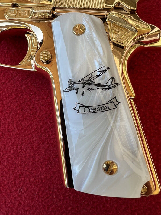 1911 Pearl Laser Engraved Cessna Plane Grips  45 acp 38 Super cal