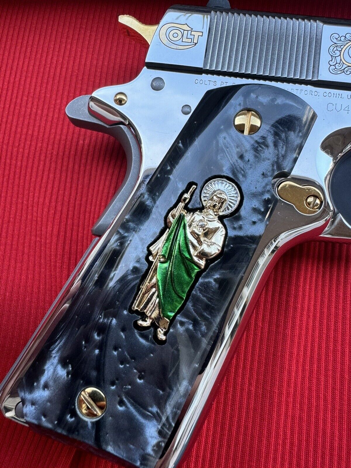 1911 Engraved Black Pearl Grips San Judas inlayed 24k Gold Plated 45 acp